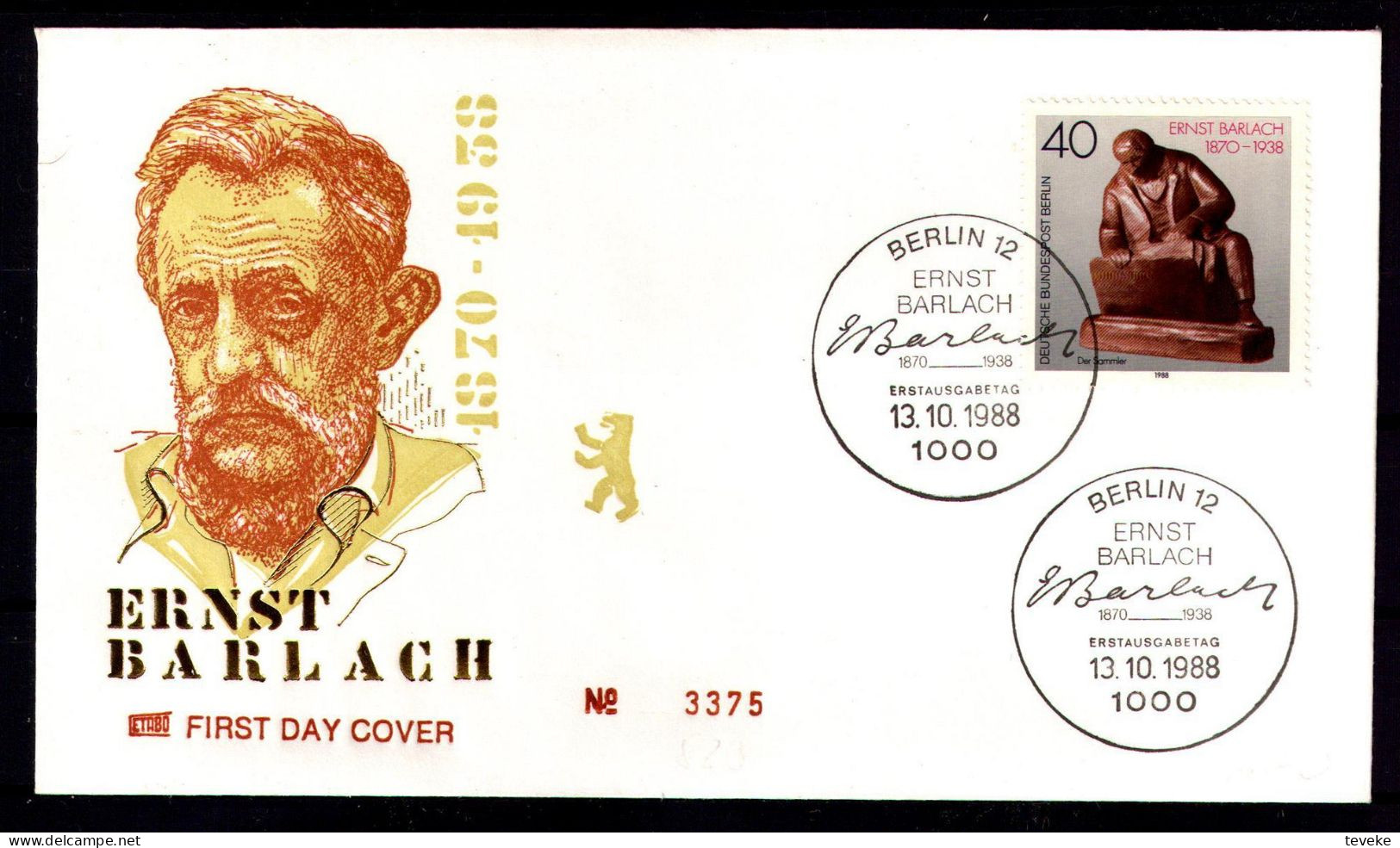 BERLIN 1988 - Michel Nr. 823 FDC - Ernst Barlach - Kunst, Art, Sculpture, Poetry - 1981-1990