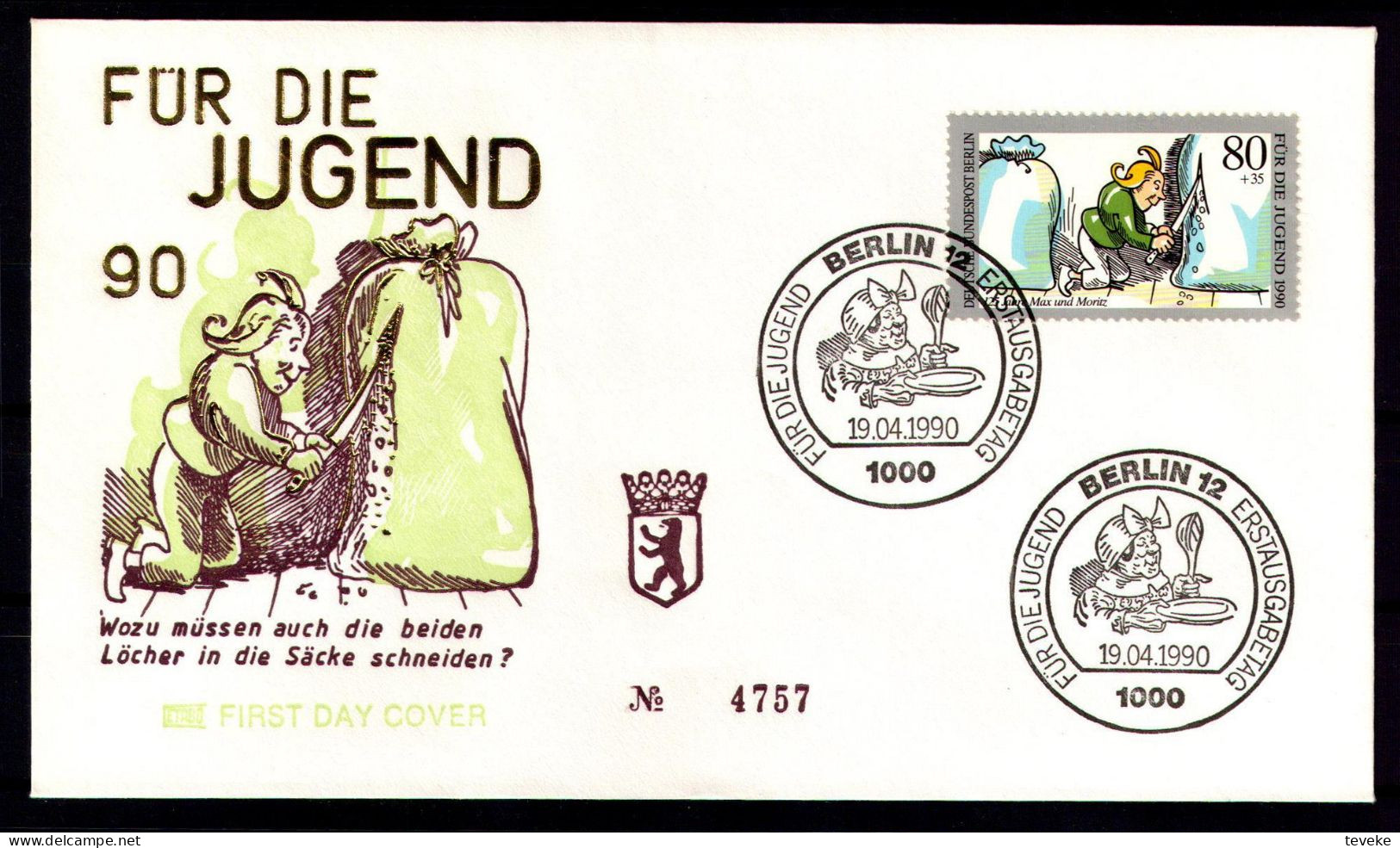 BERLIN 1990 - Michel Nr. 868/871 FDC - Jugend - Max Und Moritz - Bildgeschichte - 1981-1990