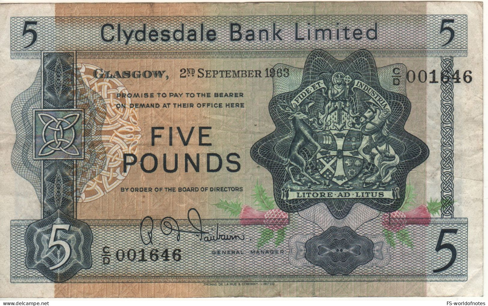 SCOTLAND  5 Pounds  Clydesdale Bank Ltd   P198a  Dated 2 Sept. 1963 (  King's College, Aberdeen  At Back Back ) - 5 Pond