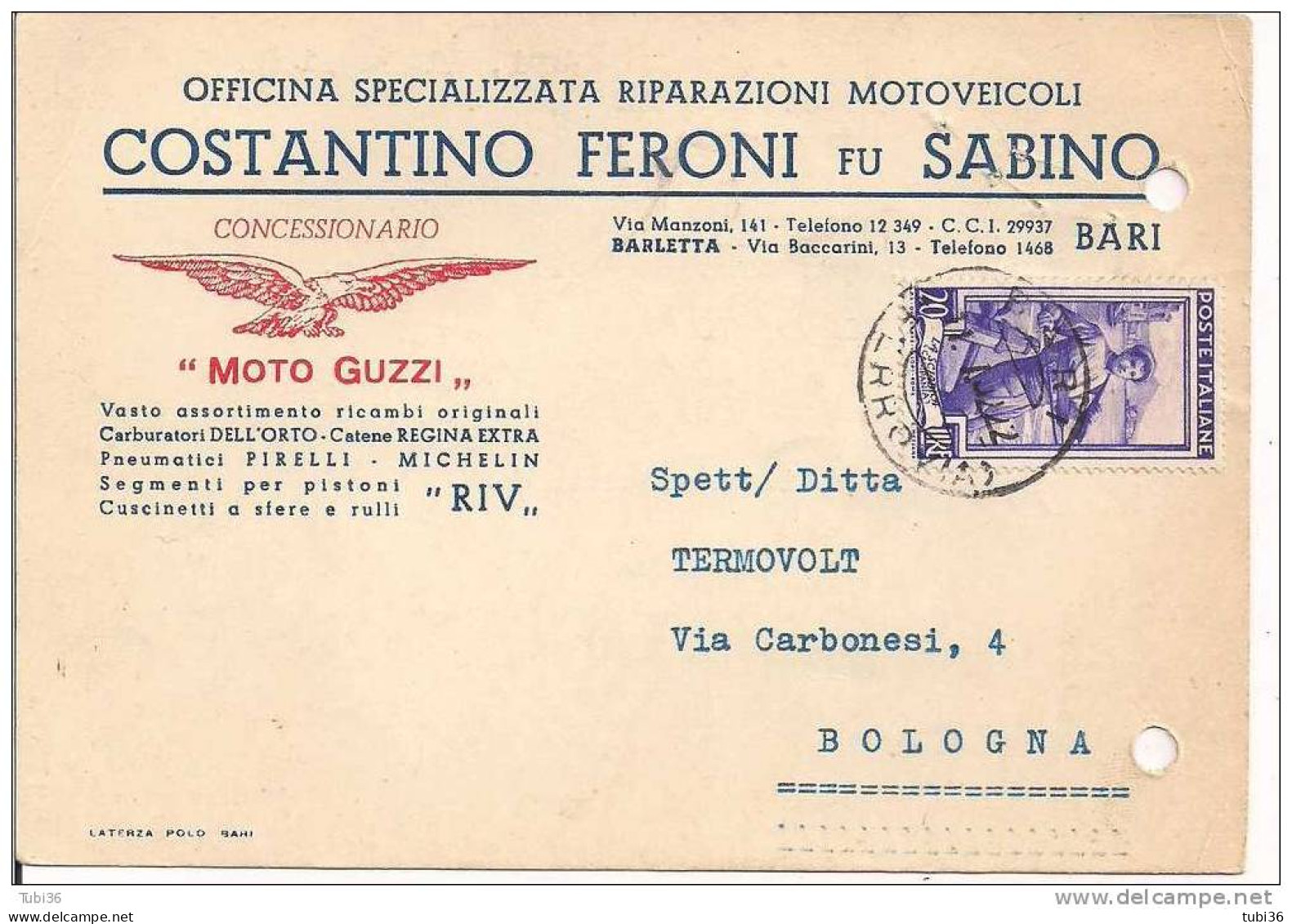 FERONI - BARI / BARLETTA -  CARTOLINA COMMERCIALE VIAGGIATA  1952 - - Barletta