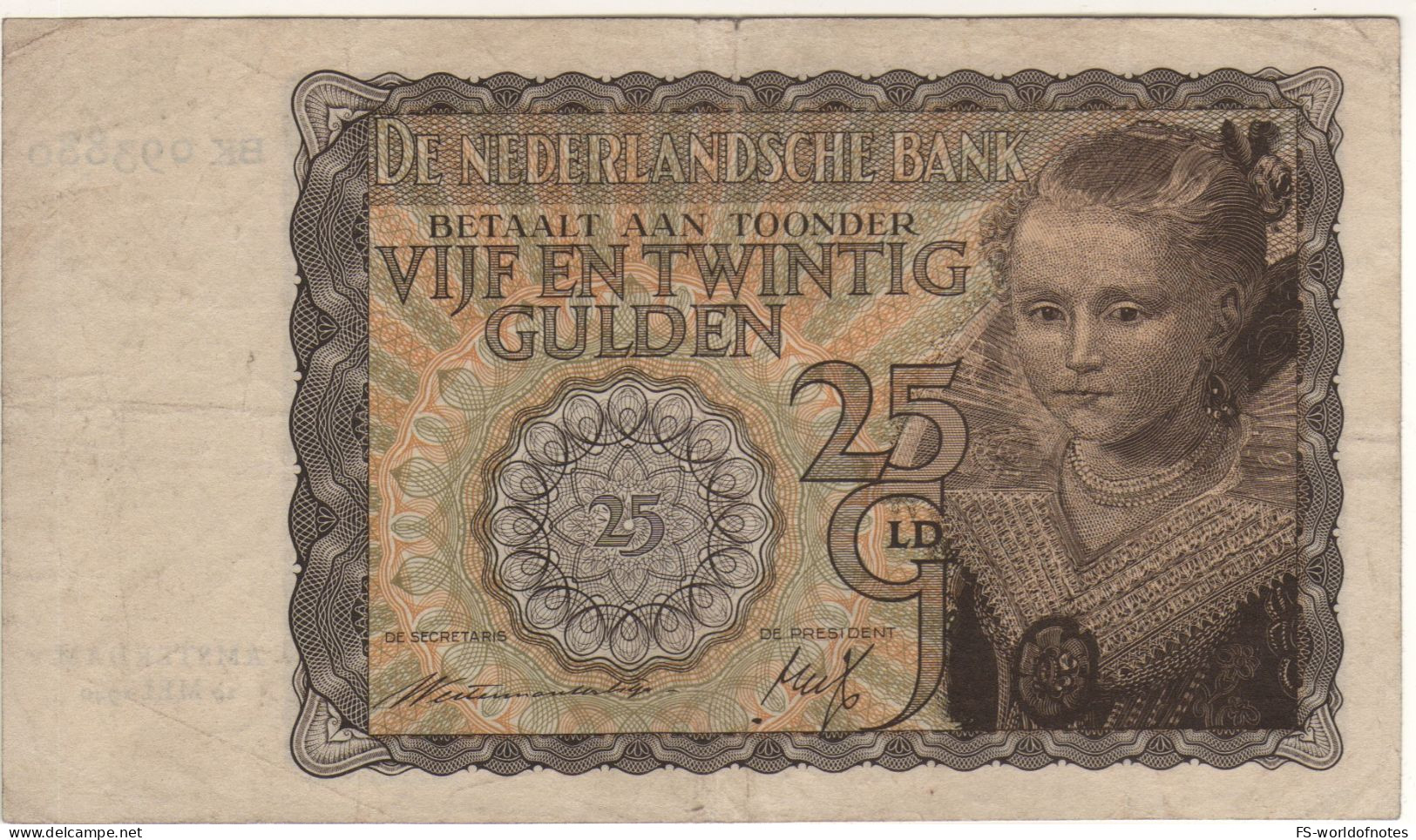 NETHERLANDS  25  Gulden   P57   Dated   10.05.1940   ("Young Woman" (by Paulus Moreelse) - 25 Florín Holandés (gulden)