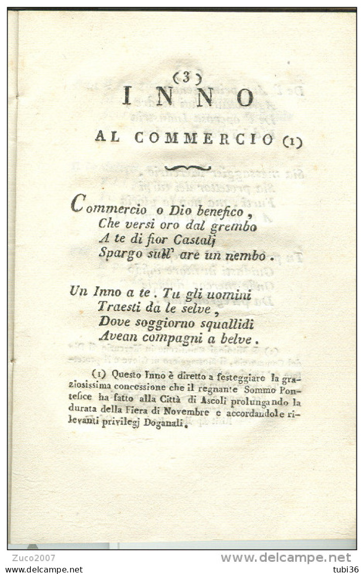 INNO AL COMMERCIO, DI GIACINTO CANTALAMESSA CARBONI, ASCOLI  1819, Pagg.32, - Teatro