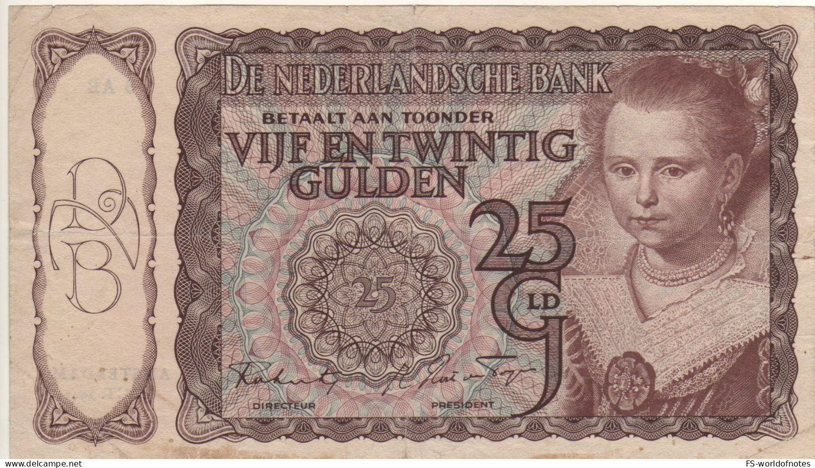 NETHERLANDS  25  Gulden   P60   Dated   05.10.1943   ("Young Woman" (by Paulus Moreelse) - 25 Gulden