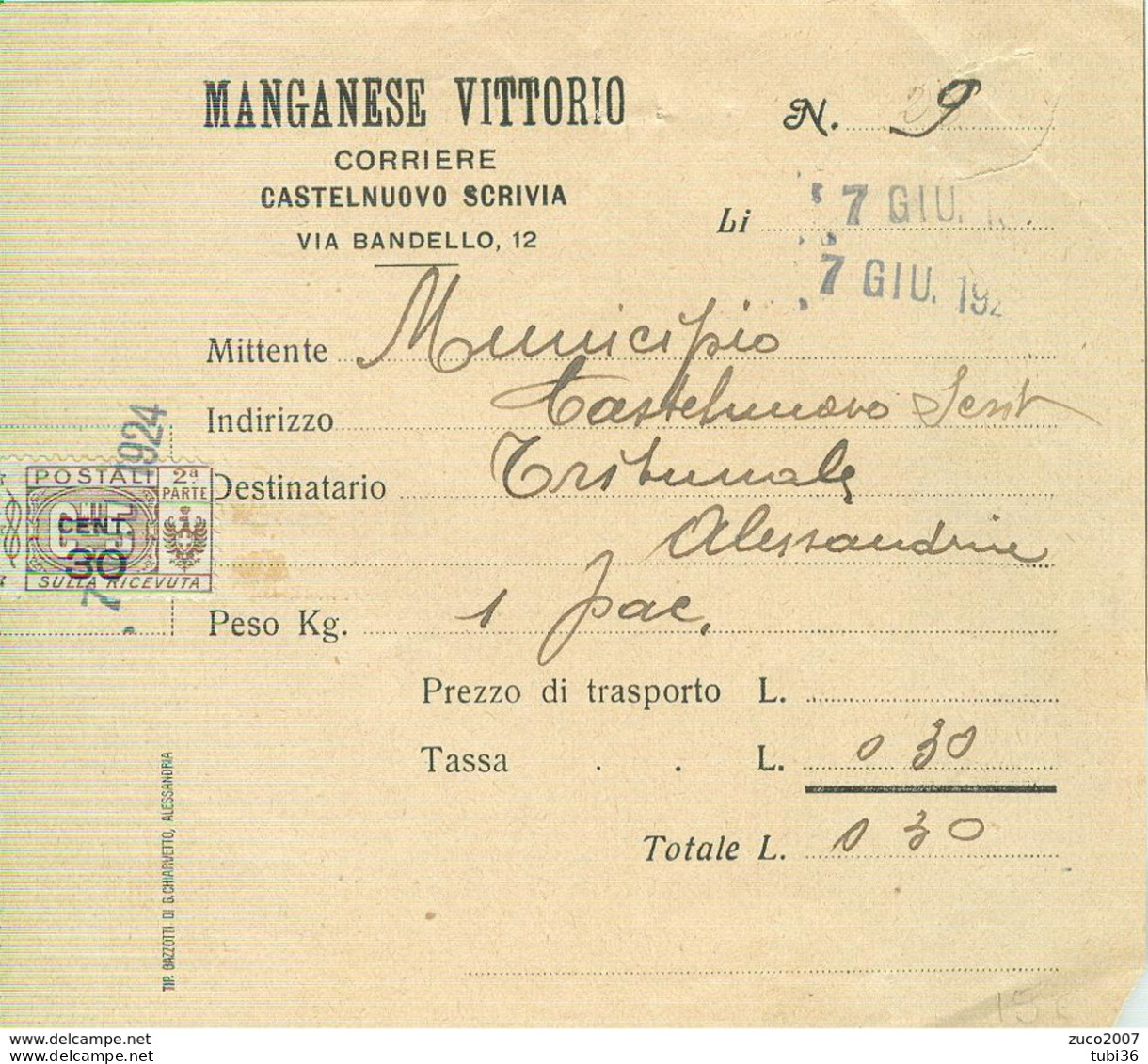 PACCHI POSTALI Cent.30 Su 5- 2° PARTE SULLA RICEVUTA-1924 - MANGANESE CORRIERE-CASTELNUOVO SCRIVIA (ALESSANDRIA), - Postal Parcels