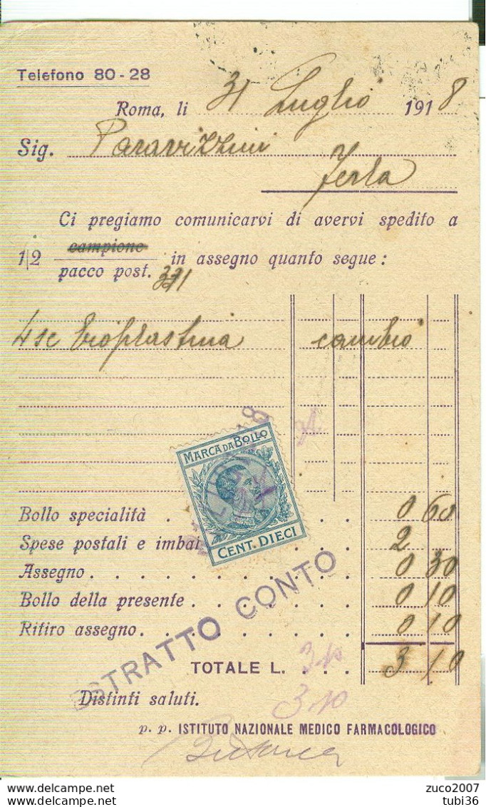 CARTOLINA POSTALE,STAMPA  PRIVATA,FATTURA ESTRATTO CONTO CON MARCA DA BOLLO, 1918,ROMA-FERLA (SIRACUSA) - Gezondheid & Ziekenhuizen