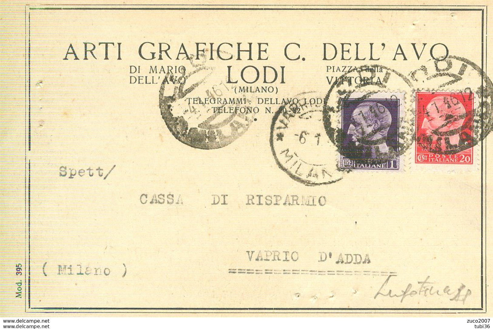 DELL'AVO, LODI - ARTI GRAFICHE -CARTOLINA RICEVUTA PAGAMENTO, 1945, CON MARCHE DA BOLLO - Lodi
