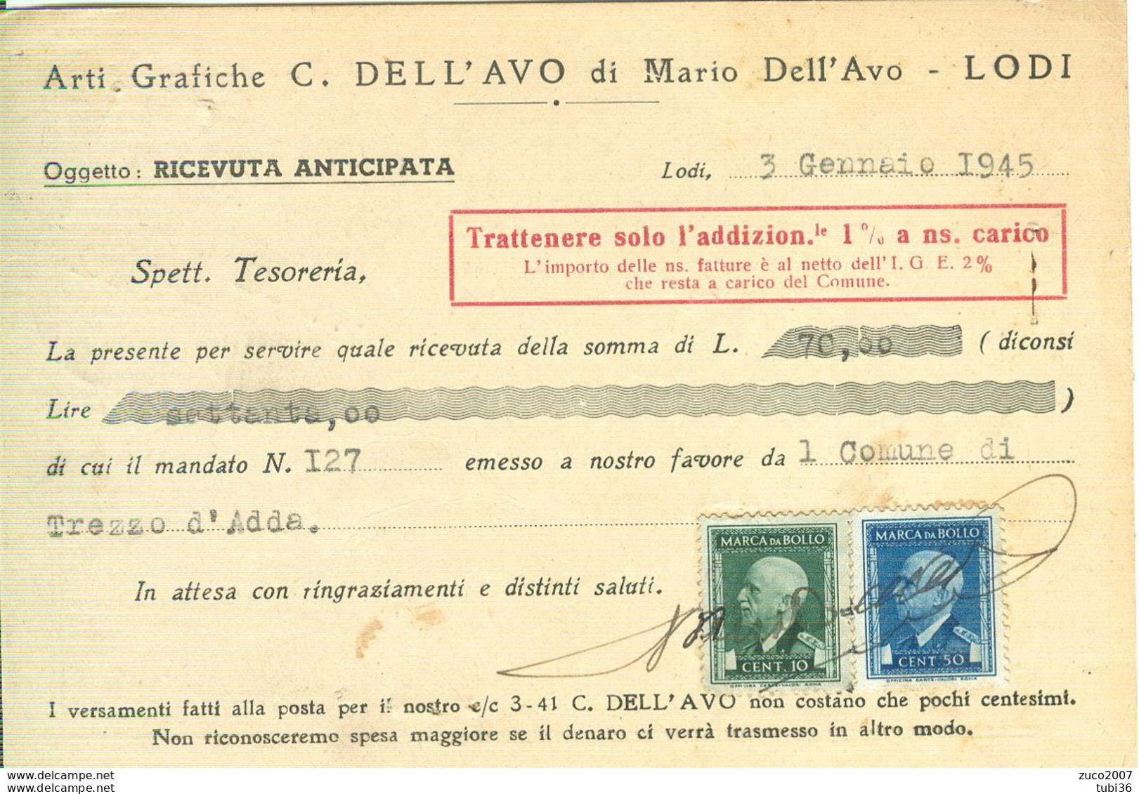 DELL'AVO, LODI - ARTI GRAFICHE -CARTOLINA RICEVUTA PAGAMENTO, 1945, CON MARCHE DA BOLLO - Lodi