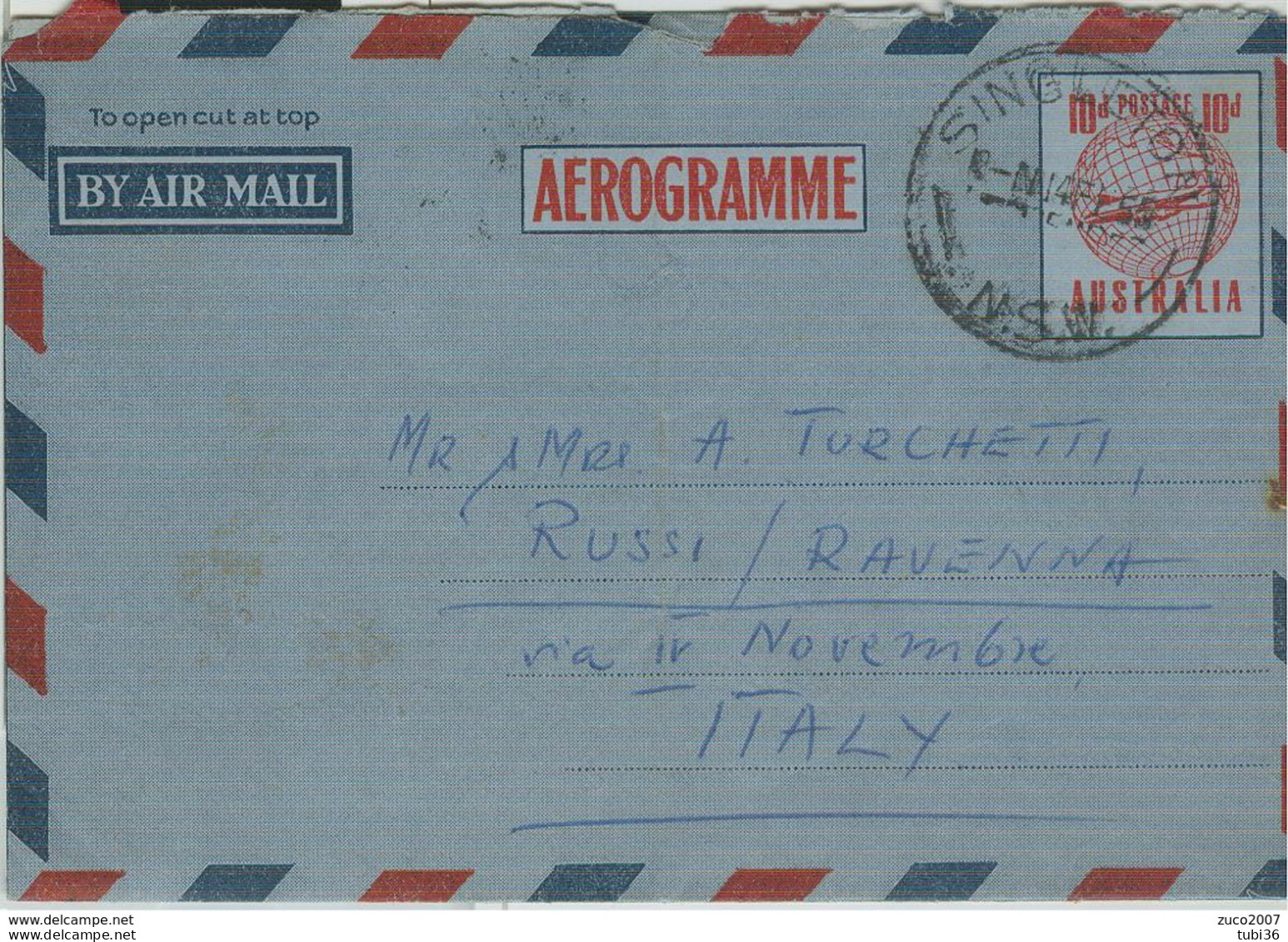 AUSTRALIA-AEROGRAMME- STAMPING SINGLETON, FOR ITALY, 1955, - Aerograms