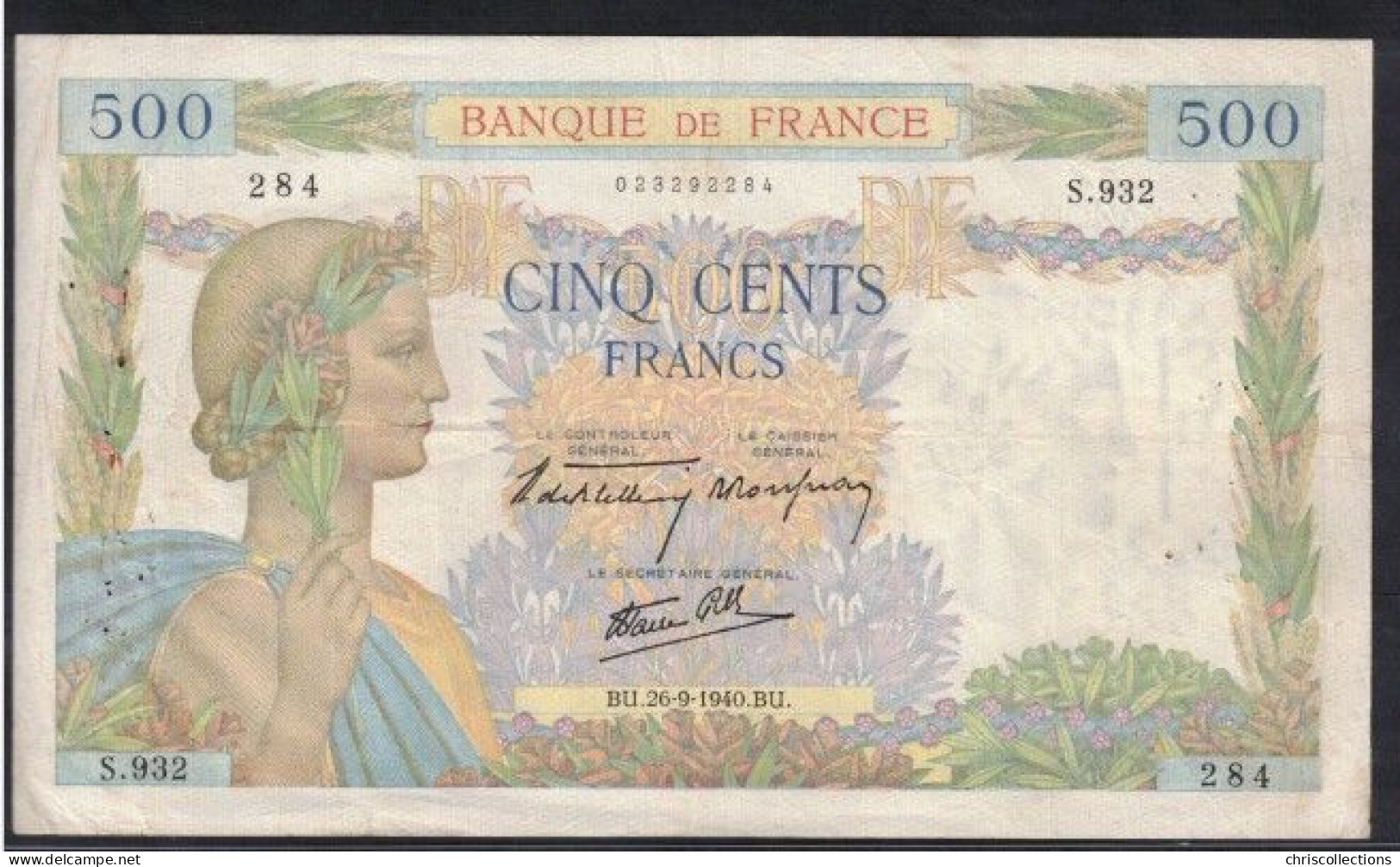 FRANCE - 500 F La Paix - 26.9.1940 - F32/6 - TB -  Série : S.932 - N° De Billet 284 - 500 F 1940-1944 ''La Paix''