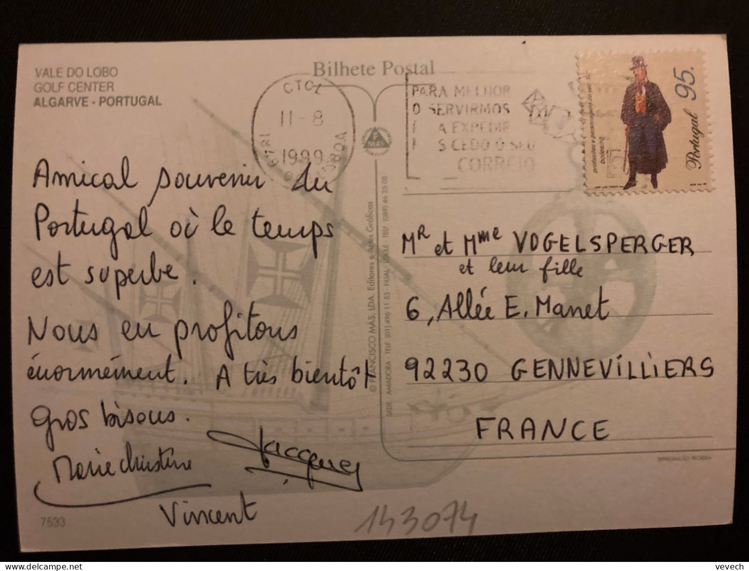 CP Pour La FRANCE TP BOLEEIRO 96 OBL.MEC.11 8 1999 LISBOA - Cartas & Documentos