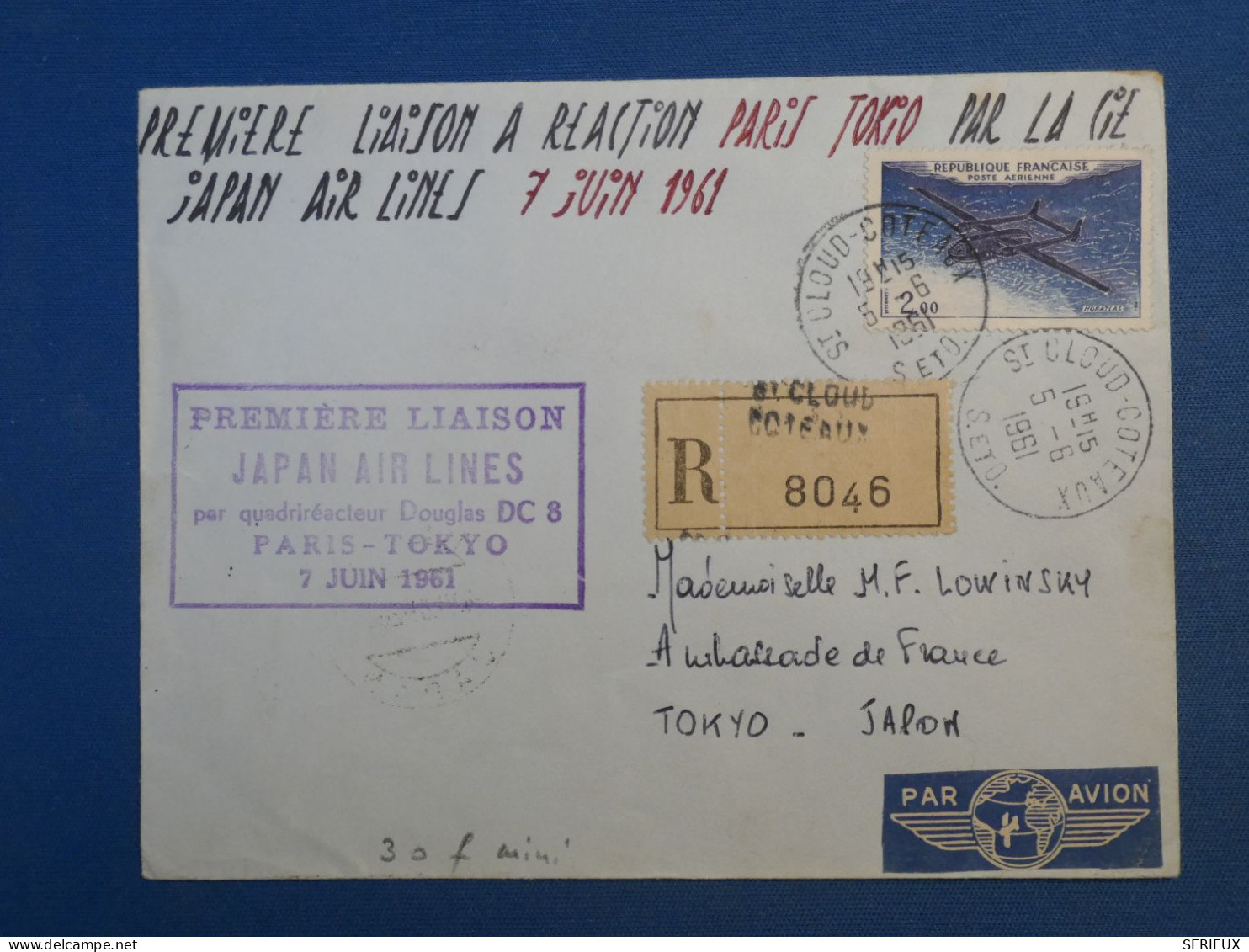B147  FRANCE  BELLE LETTRE  RECO 1961  ST CLOUD .1ER VOL  TOKYO JAPAN +AFF. INTERESSANT++ - 1960-.... Brieven & Documenten