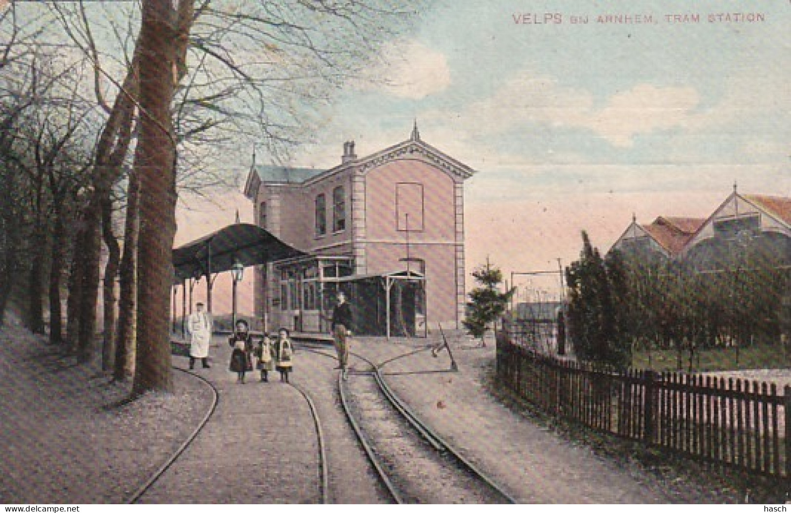 484313Velp, Velps Tram Station. (poststempel 1907)(kleine Beschadiging Hoeken, Doordruk Stempel) - Velp / Rozendaal