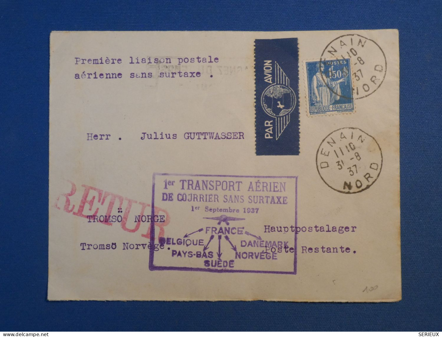 B147  FRANCE   BELLE LETTRE 1946 1ER VOL. FRANCE NORWAY  DENAIN A TROMSO +GRIFFE RETUR +VERSO++++ - 1927-1959 Storia Postale