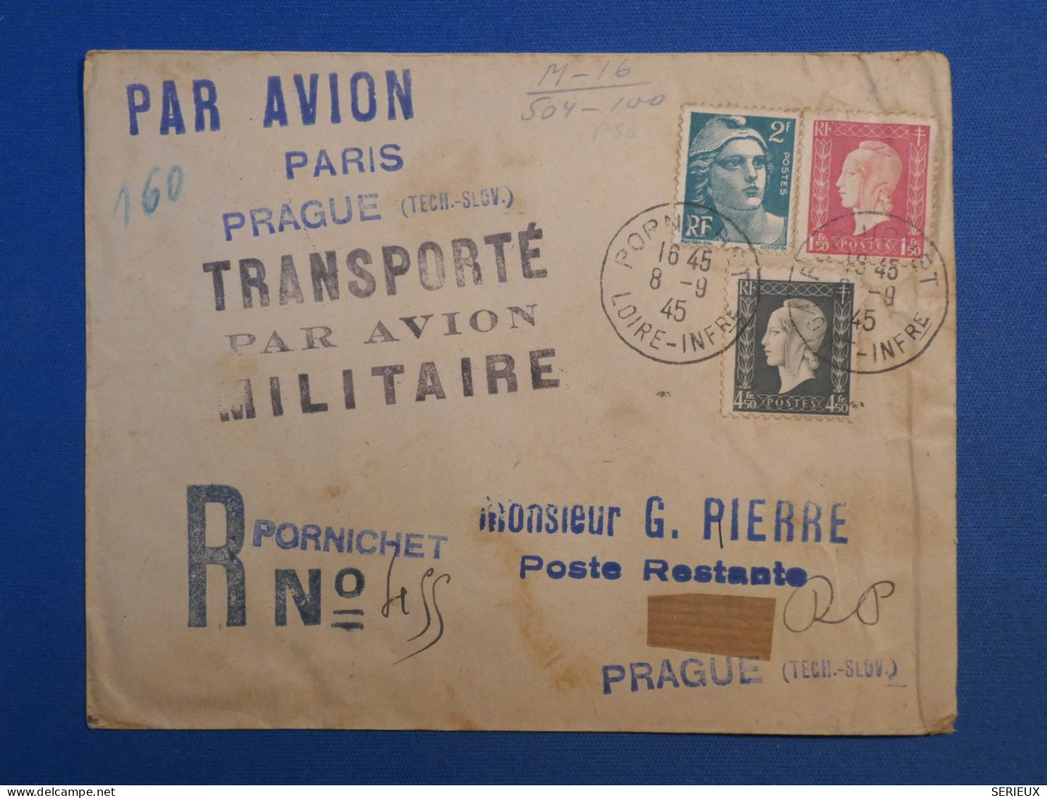 B147  FRANCE  BELLE LETTRE RARE 1945 PAR AVION MILITAIRE DE PARIS A PRAGUE +AFF. PLAISANT+++ - 1927-1959 Briefe & Dokumente