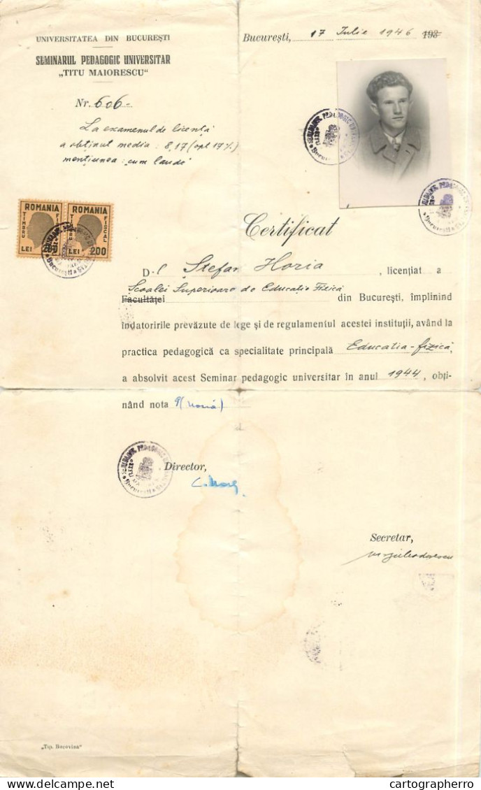 Romania Certificat Universitatea Din Bucuresti Seminarul Pedagogic Universitar Titu Maiorescu 1947 - Diplômes & Bulletins Scolaires