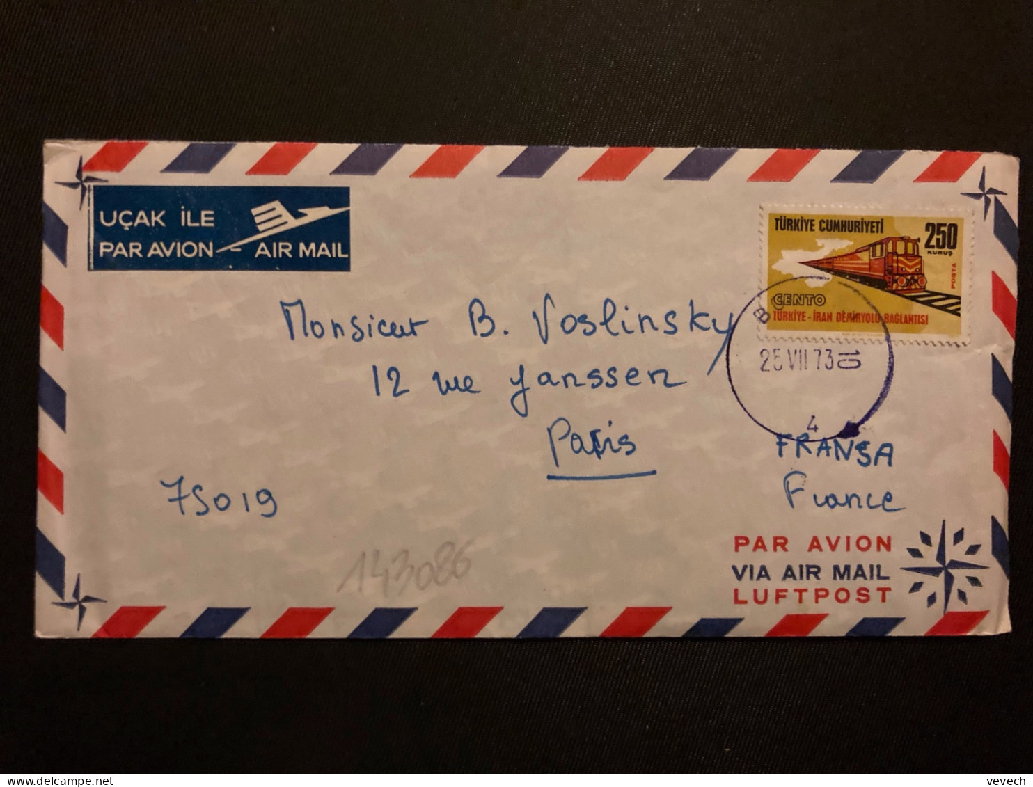 LETTRE Par Avion Pour La FRANCE TP TRAIN 250K OBL.25 VII 73 BODRUM - Lettres & Documents