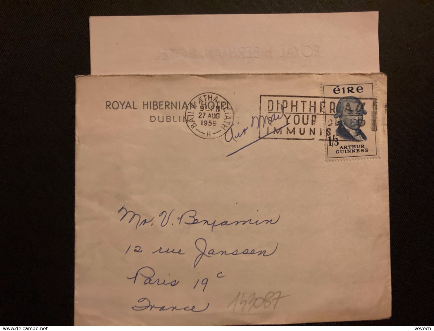 LETTRE ROYAL HIBERNIAN HOTEL DUBLINPar Avion Pour La FRANCE TP ARTHUR GUINESS 1/3 OBL.MEC.27 AUG 1959 BAILE ATHA CLIATH - Storia Postale