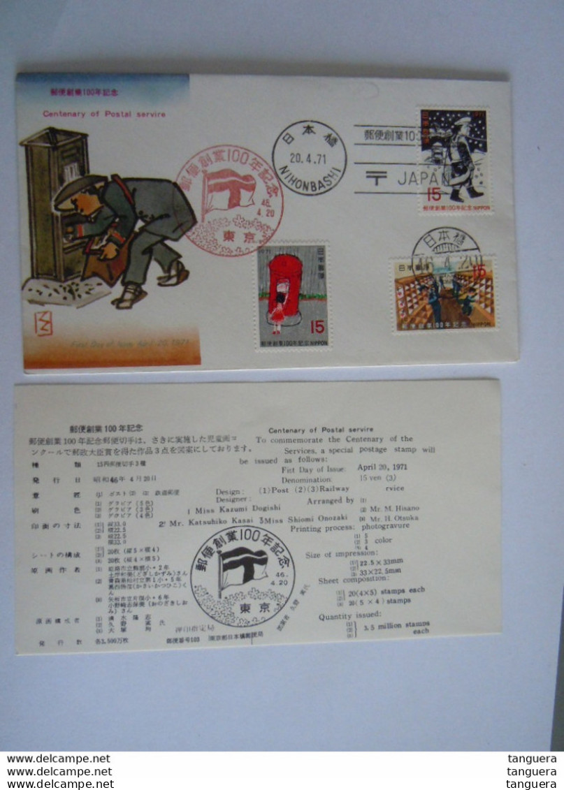 Japan Japon 1971 FDC Centenaire Des Services Postaux Facteur Boîte Au Lettres Tri Postal En Train Yv 1005-1007 - FDC