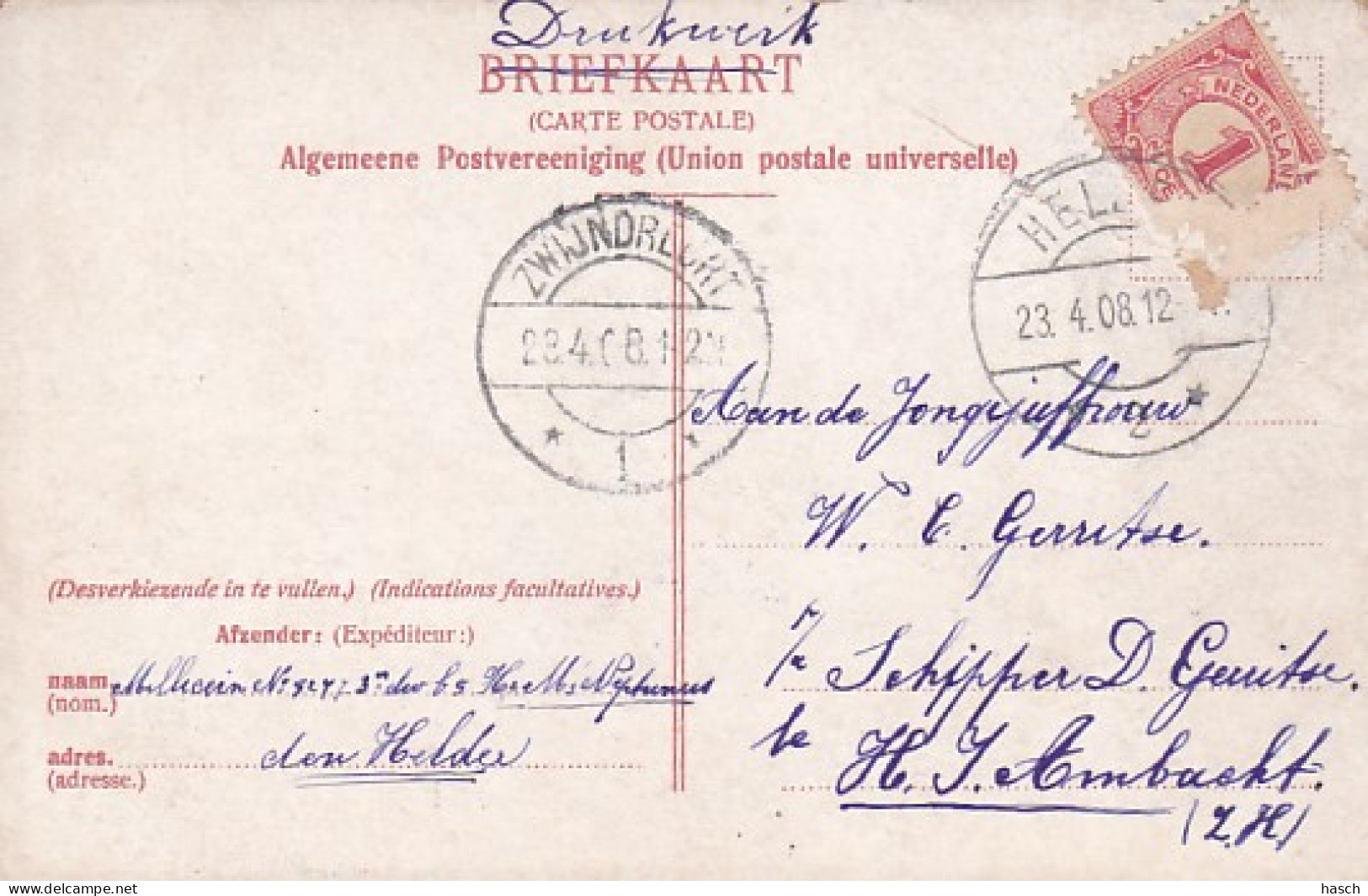 483780Den Helder, Hr. Ms.: ,, Holland’’(poststempel HELDER 1908)(linksboven Een Vouw) - Den Helder