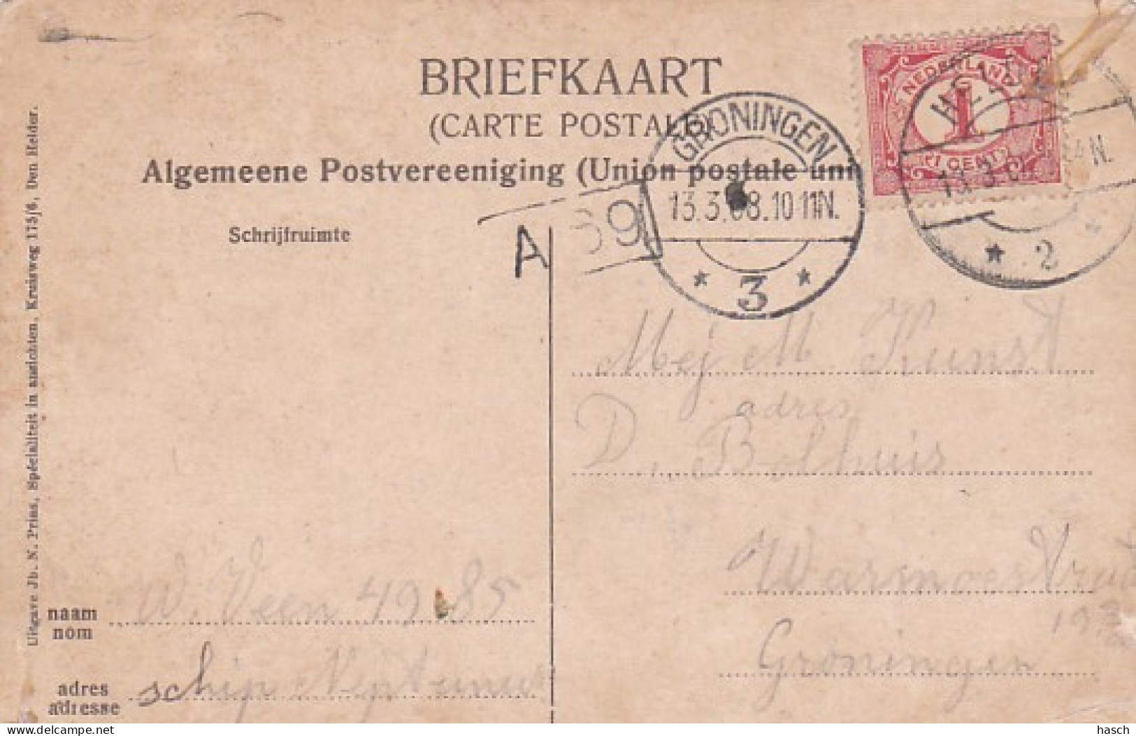 483785Den Helder, Hr. Ms. Neptunus. (poststempel HELDER 1908)(zie Hoeken) - Den Helder