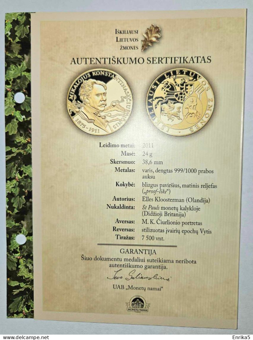 The Medal Is Dedicated To The Famous Painter And Composer Mikalojas Konstantinis Čiurlionis - Andere - Europa