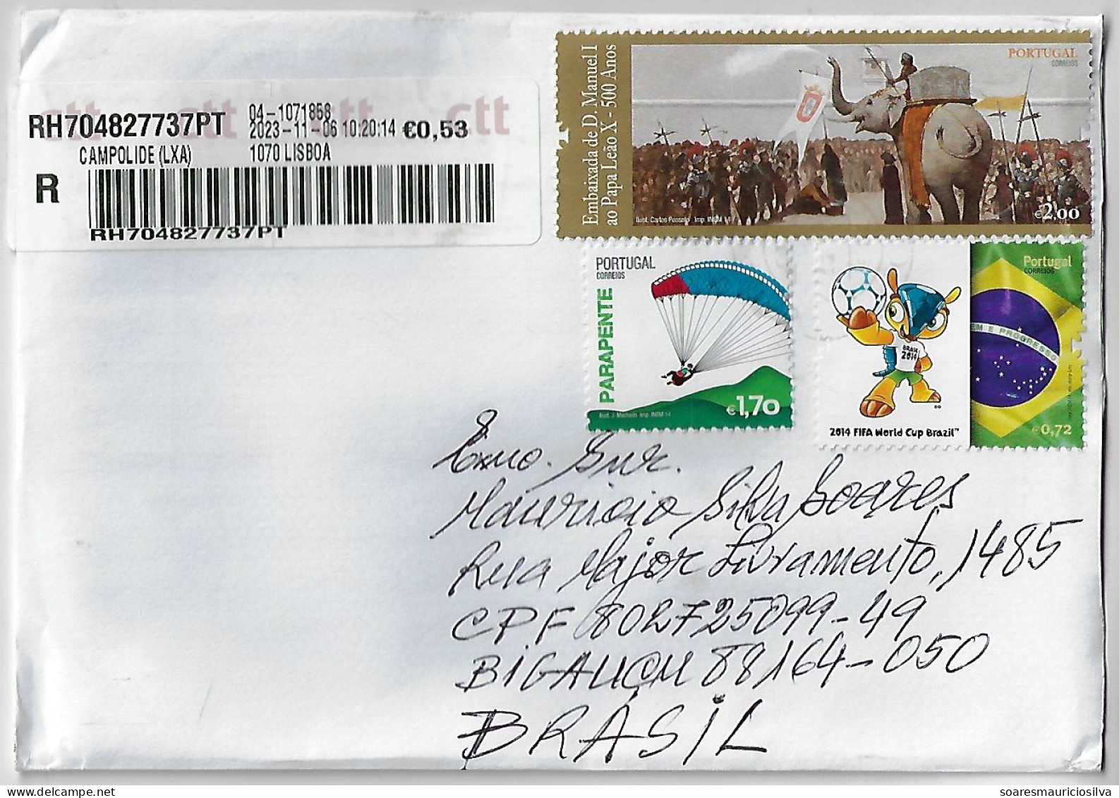 Portugal 2023 Cover From Lisbon Agency Campolide To Brazil Meter Stamp + 3 Commemorative Elephant Soccer Paragliding - Storia Postale