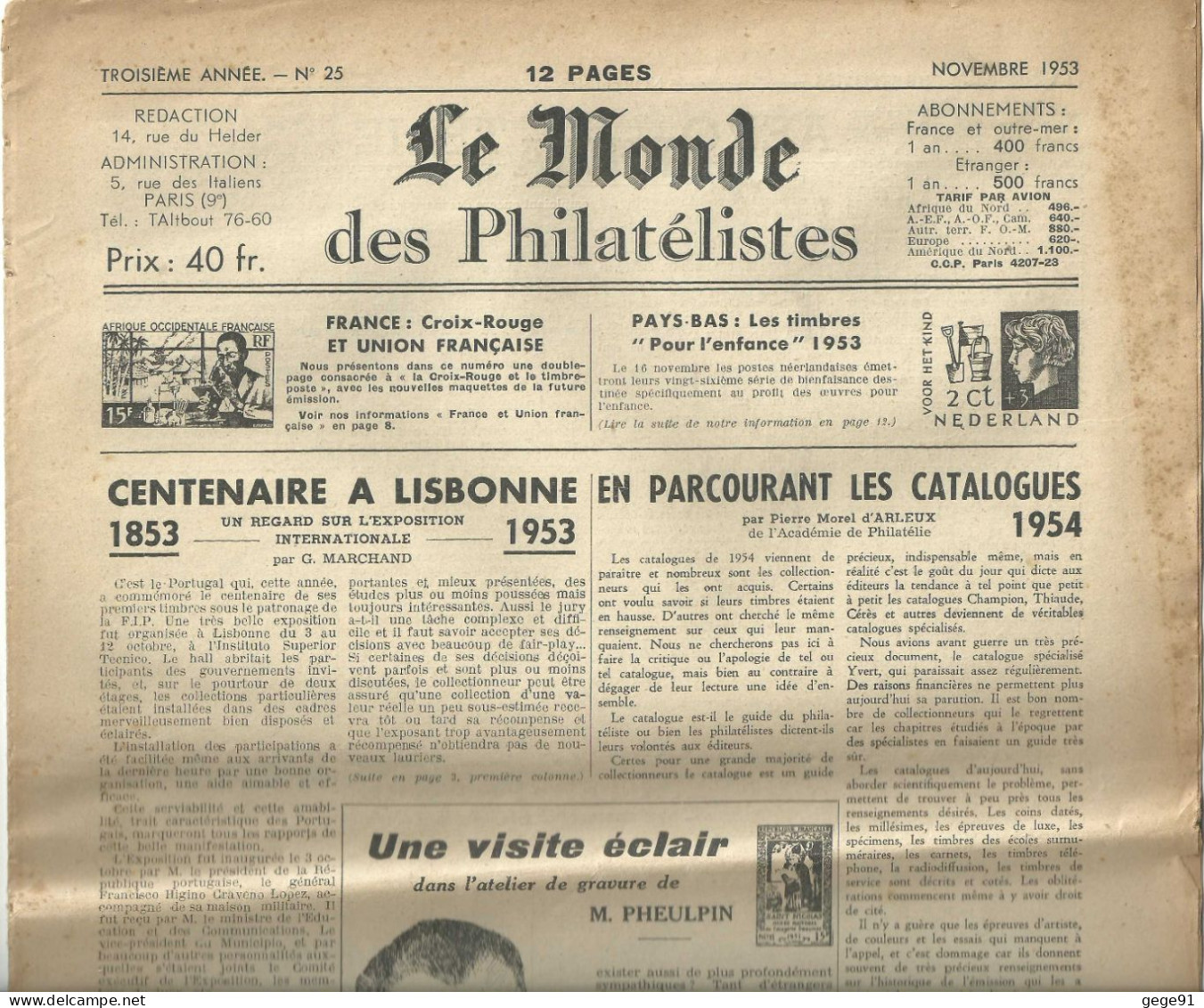 Le Monde Des Philatélistes N°25 _ Novembre 1953 - Francese