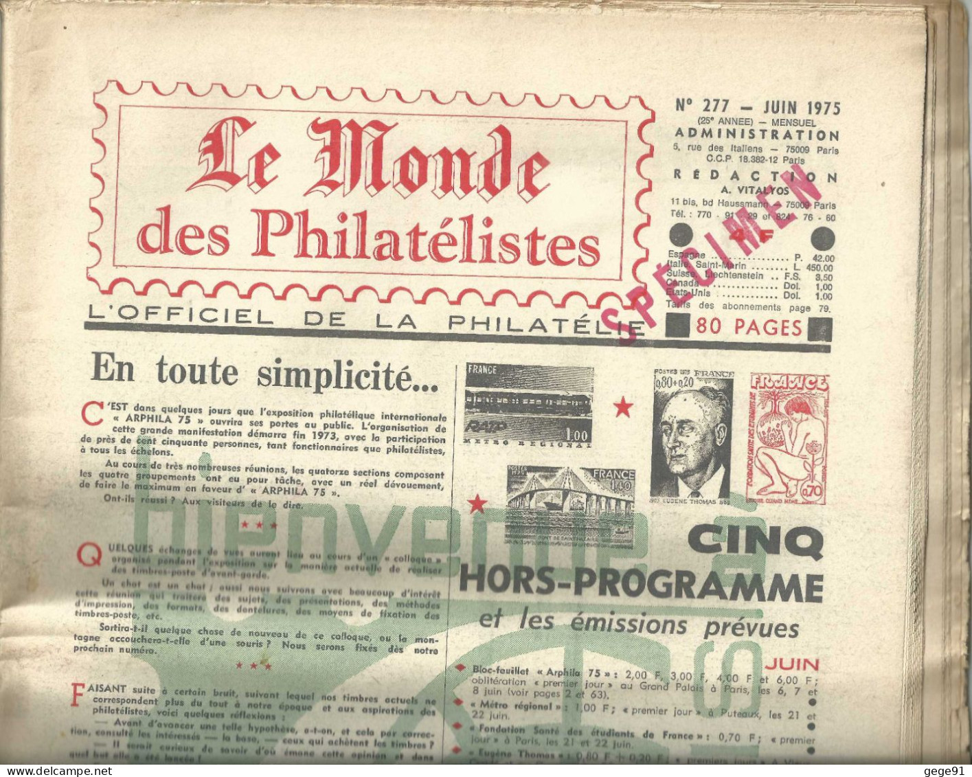 Le Monde Des Philatélistes N°277 _ Juin 1975 - Spécimen De Démonstration - Francés