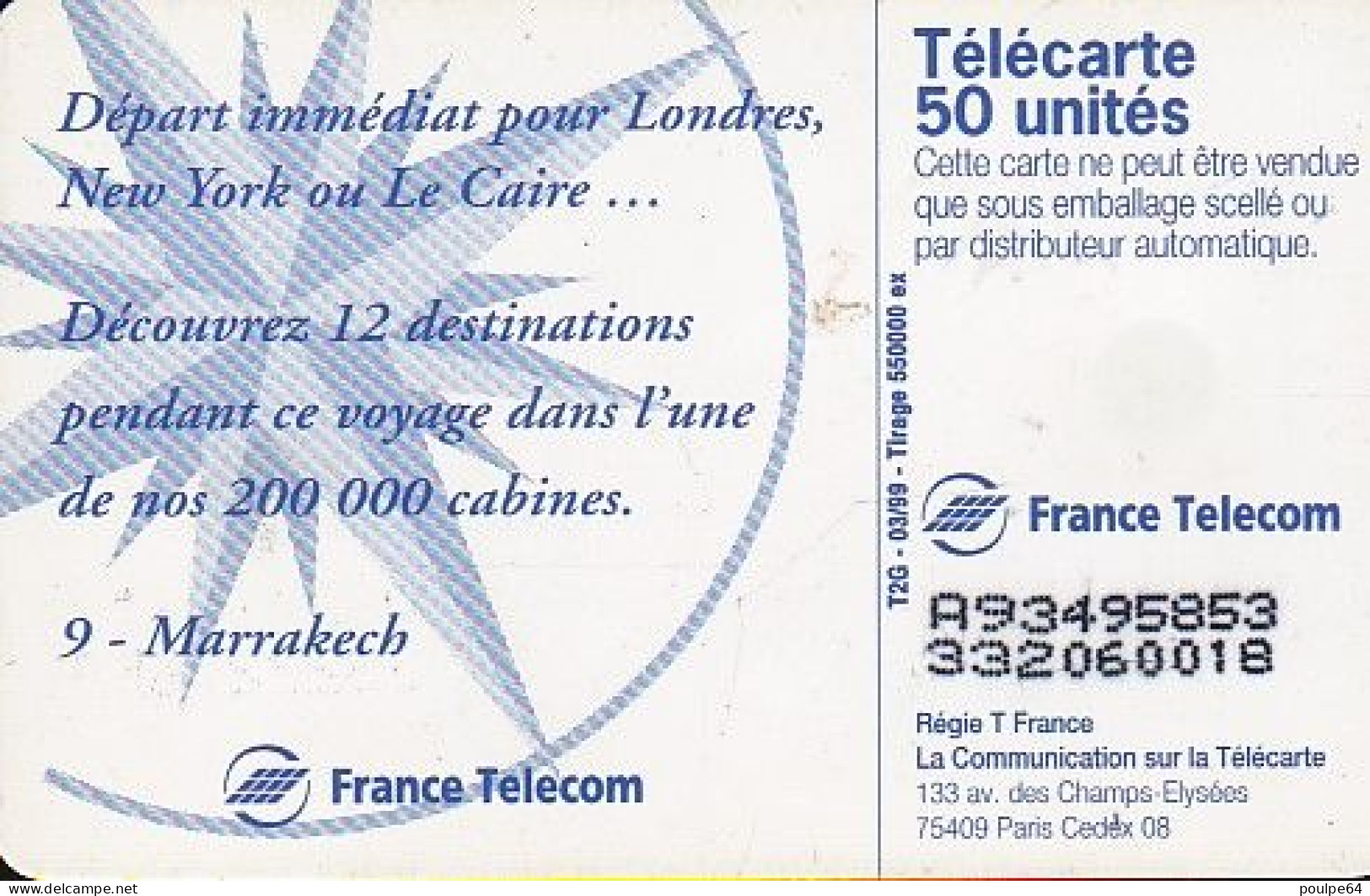 F972  03/1999 - VILLE - MARRAKECH - 50 SO3 - (verso : N° Petits - Deux Lignes Alignées) - 1999