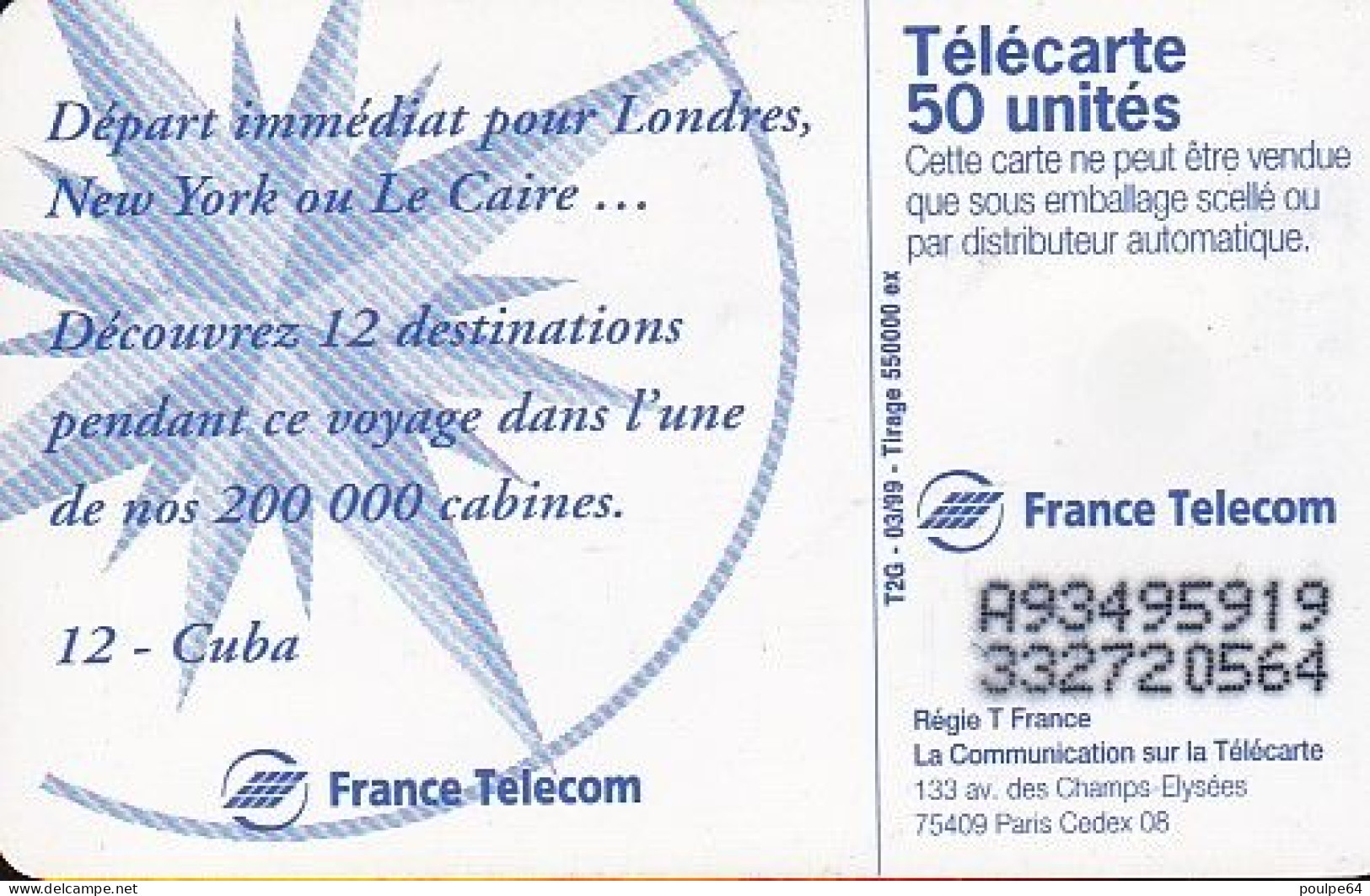 F975  03/1999 - VILLE - CUBA - 50 SO3 - (verso : N° Gros - Deux Lignes Alignées) - 1999