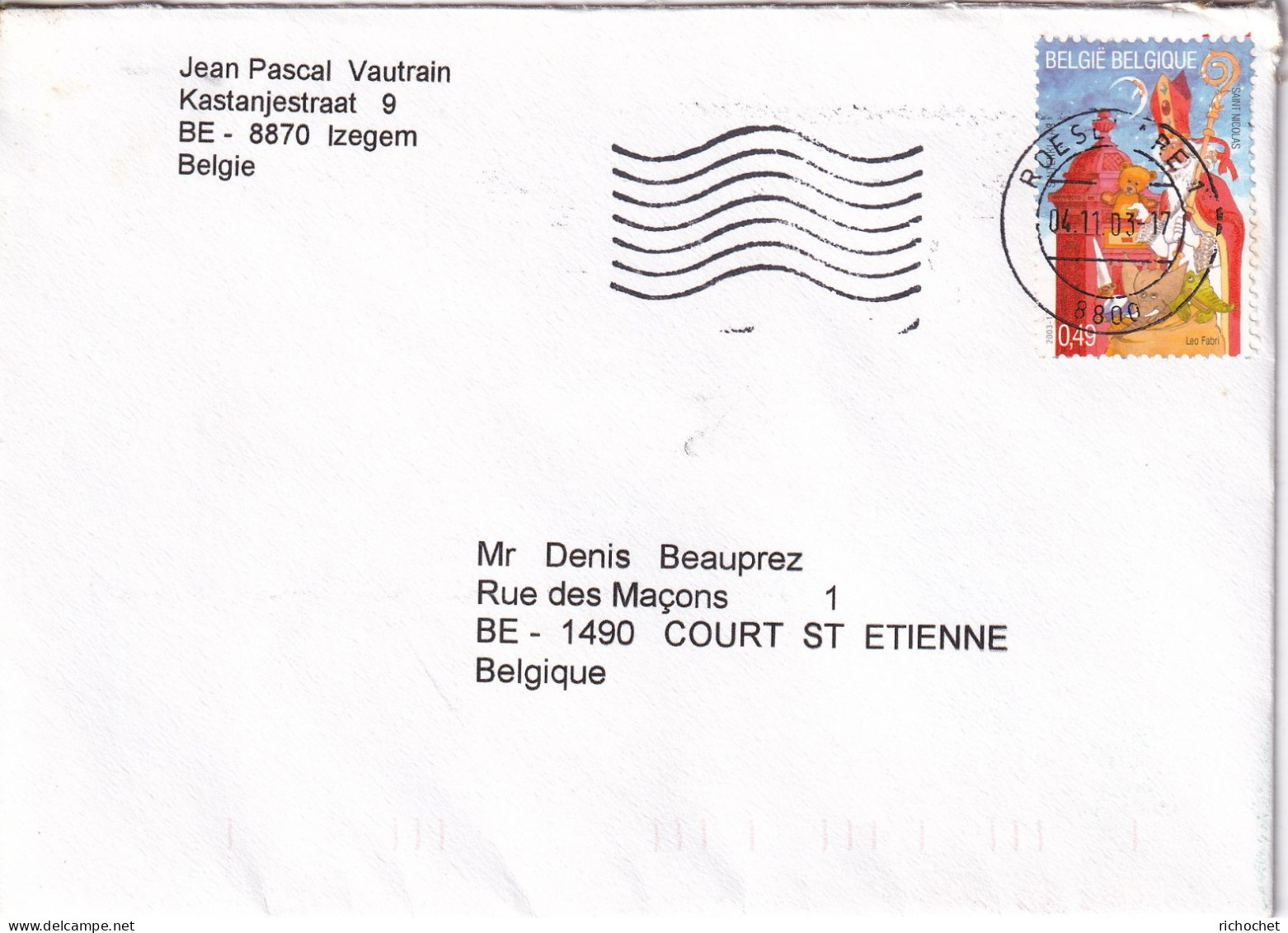 Belgique 3200  ° Sur Lettre De Roeselaere Vers Court-Saint-Etienne - Cartas & Documentos