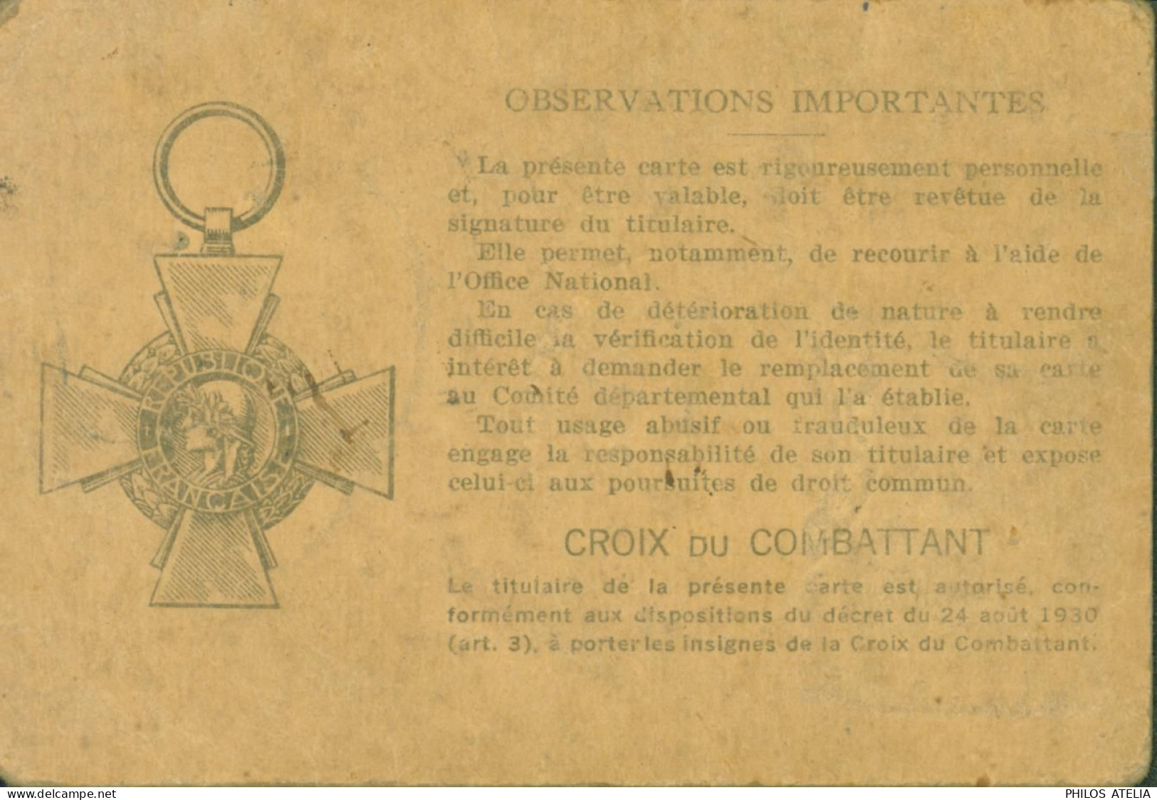 Guerre 14 Carte Du Combattant Office National Des Mutilés Combattants & Victimes De Guerre Comité Nord Lille 17 2 34 - Guerra De 1914-18