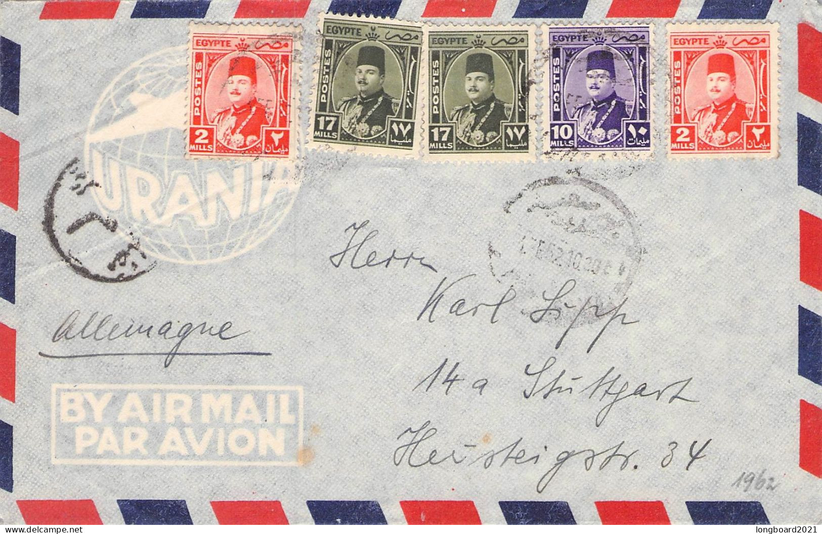 EGYPT - AIRMAIL 1952 - STUTTGART/DE / 601 - Lettres & Documents