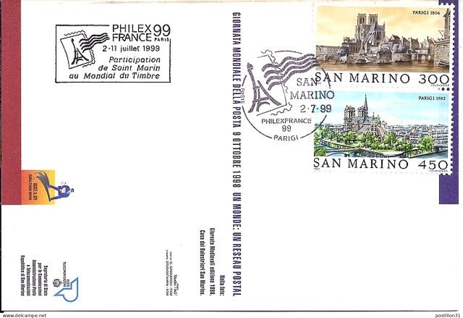 ST MARIN N° S/CP DE PHILEXFRANCE 99 / 2.7.99   - Storia Postale