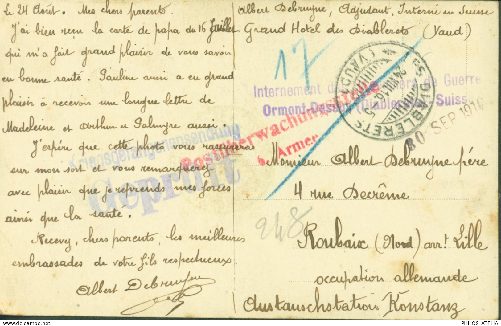 Guerre 14 Cachet Internement Des Prisonniers De Guerre Ormont Dessus Les Diablerets Suisse CAD Les Diablerets 24 8 16 - Poststempel