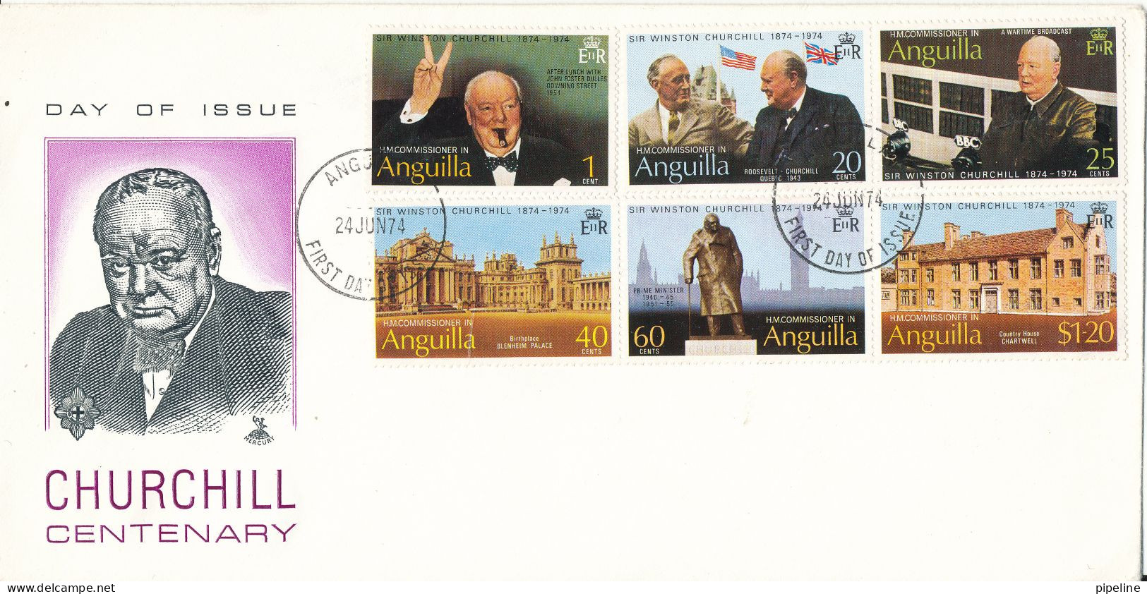 Anguilla FDC 24-6-1974 Churchill Centenary Complete Set Of 6 With Cachet - St.Christopher-Nevis & Anguilla (...-1980)