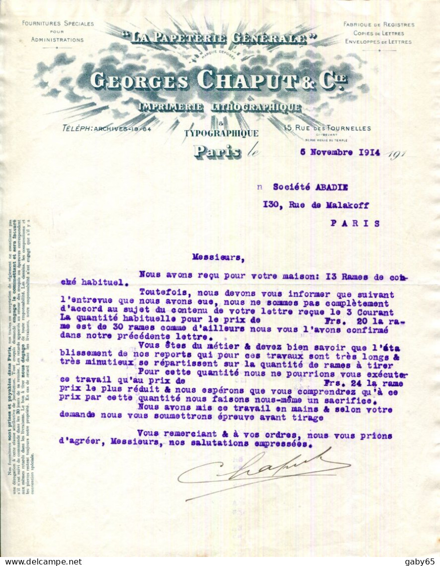 FACTURE.PARIS.IMPRIMERIE LITHOGRAPHIQUE & TYPOGRAPHIQUE.GEORGE CHAPUT & Cie 15 RUE DES TOURNELLES. - Drukkerij & Papieren