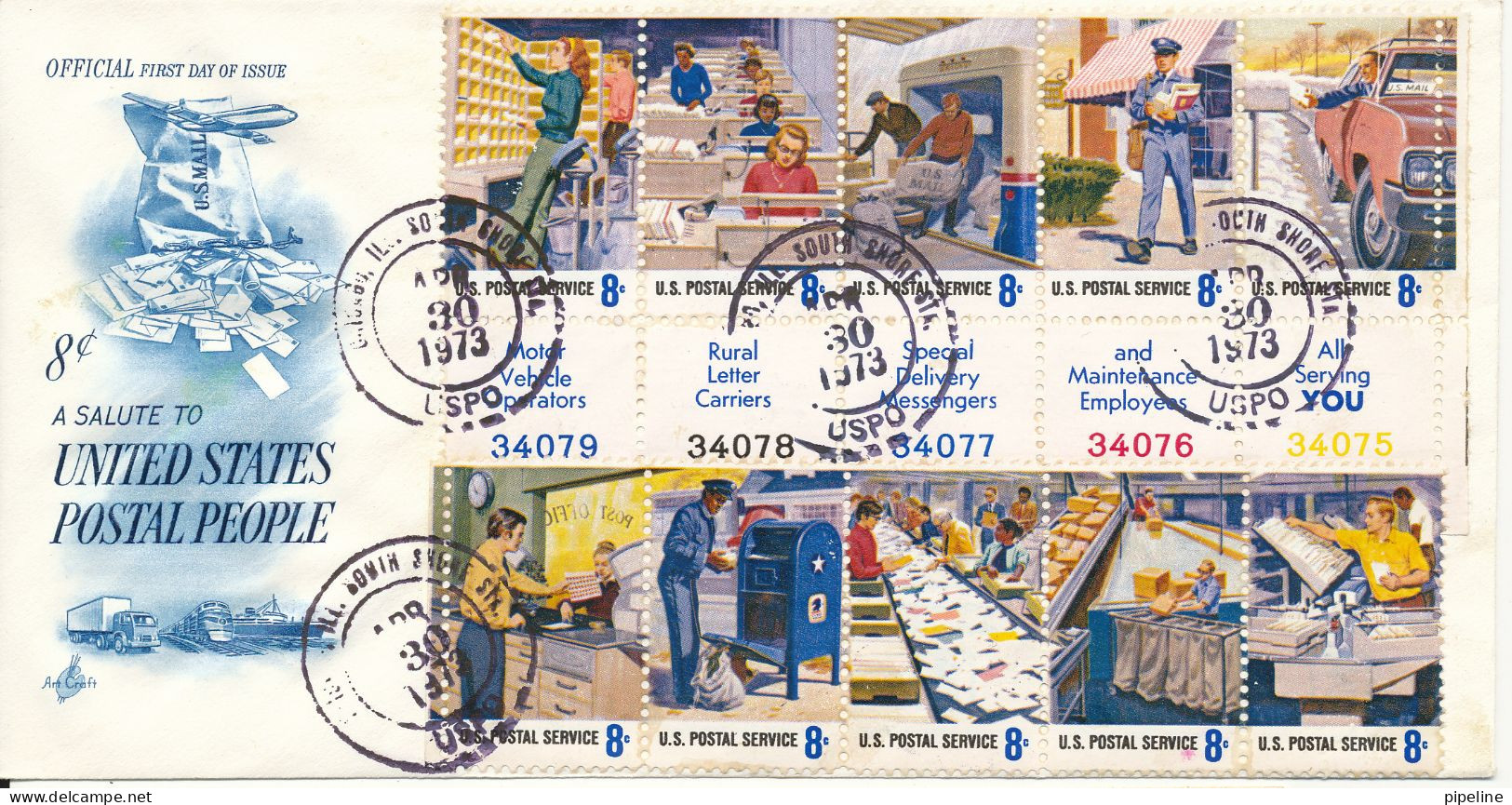 USA FDC Chicago 30-4-1973 Postmen At Work Service Postal Complete Set Of 10 With Cachet - 1971-1980