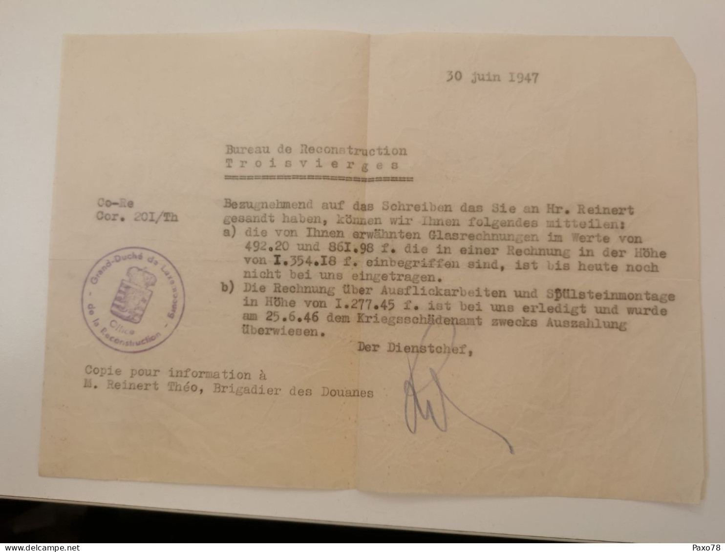 Lettre, Bureau De Reconstruction Troisvierges 1947 - 1940-1944 German Occupation