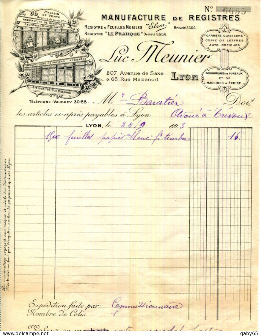 FACTURE.69.LYON.MANUFACTURE DE REGISTRES.LUC MEUNIER 207 AVENUE DE SAXE & 68 RUE MAZENOD. - Drukkerij & Papieren