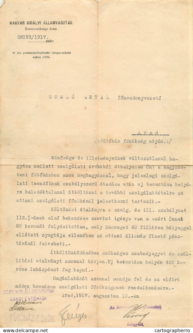 Hungarian Royal State Railways 1917 Arad Somlo Antal Train Conductor Interest Of Service Transfer Protocol Report - Europa