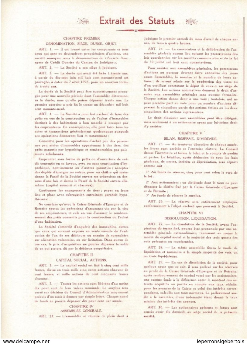 Titre De 1938 - Société Anonyme De Crédit Ouvrier Du Canton De Jodoigne - - Banque & Assurance