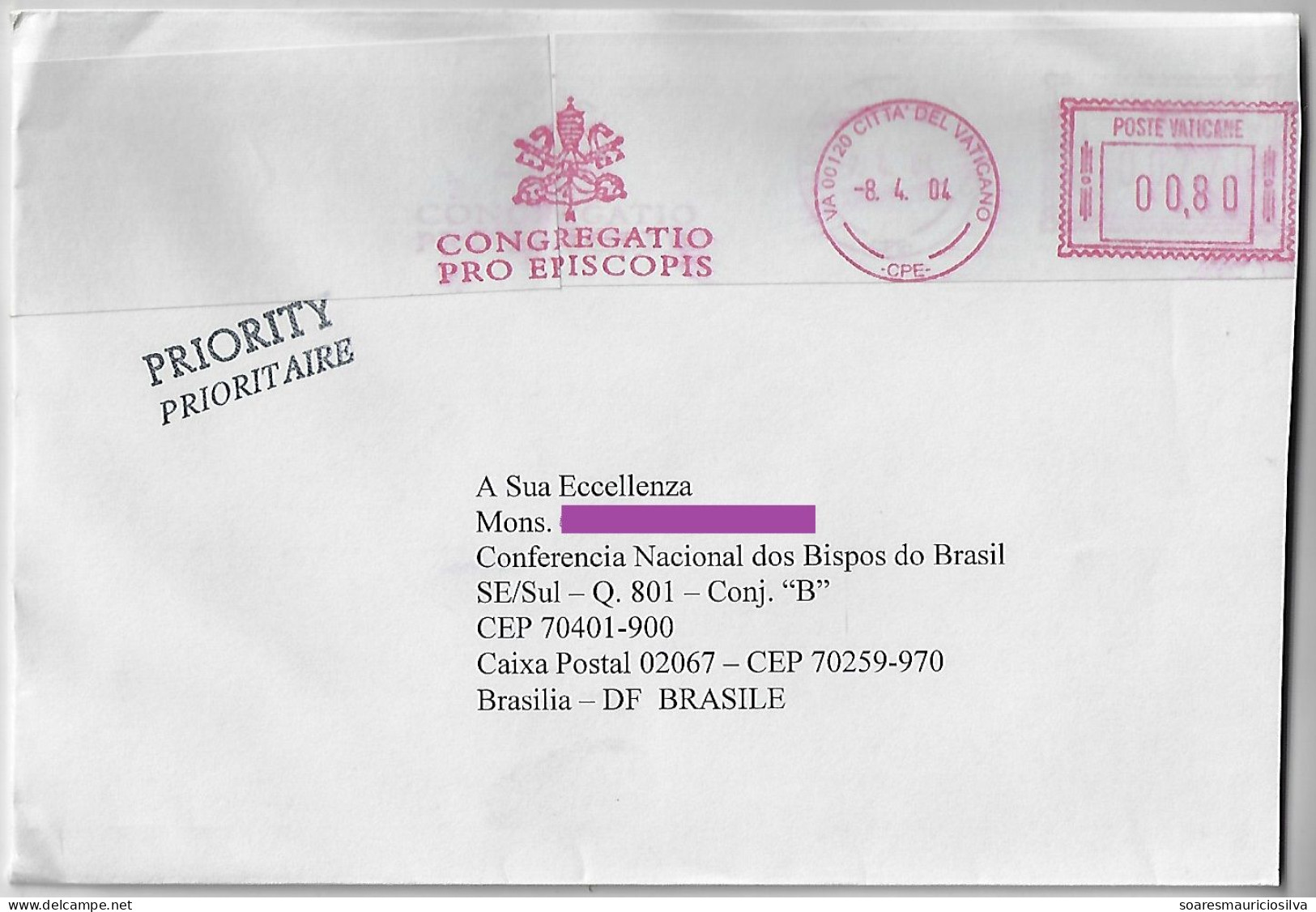 Vatican 2004 Priority Cover Sent To Brazil Meter Stamp Neopost Slogan Congregatio Pro Episcopis Congregation For Bishops - Brieven En Documenten