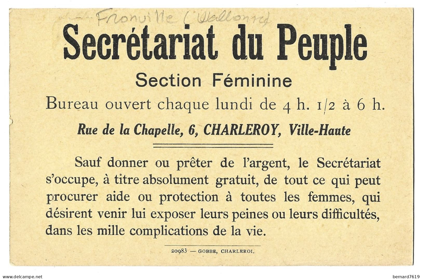 Belgique  -     Fronville  - Chateau De Deulin  - Verso  Secretariat Du Peuple  Section Feminine  Charleroy - Hotton