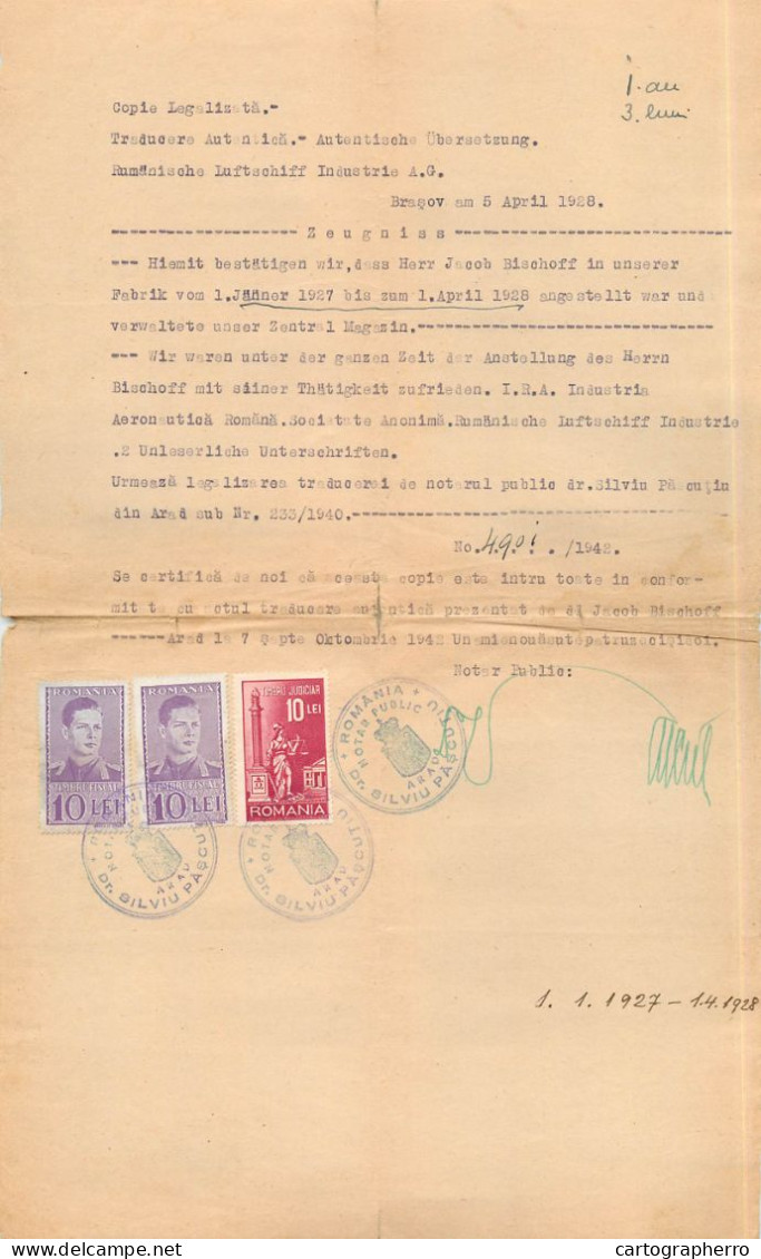 Romania Arad Notar Silviu Pascutiu Transcript 1942 Jakob Bischoff Rumanische Luftschiff Industrie - Europe