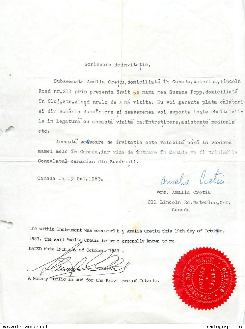 Letter Of Invitation 1983 Notary Public Ontario Canada - Wereld