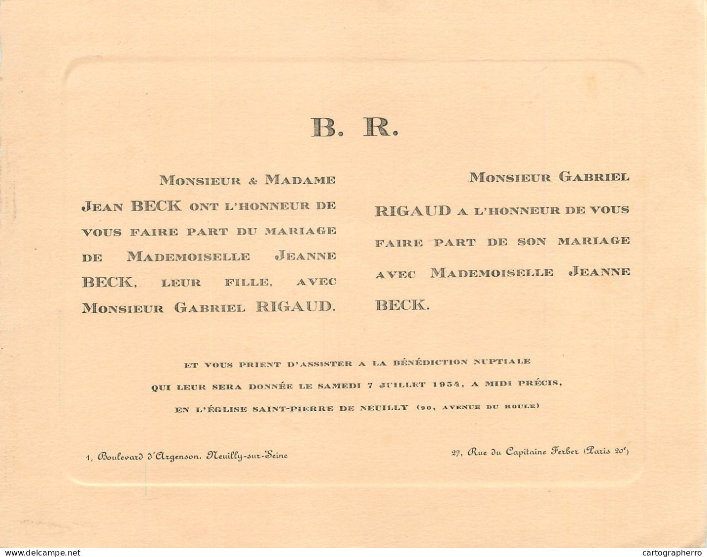 Wedding Announcement France 1934 Gabriel Rigaud & Jeanne Beck - Wedding