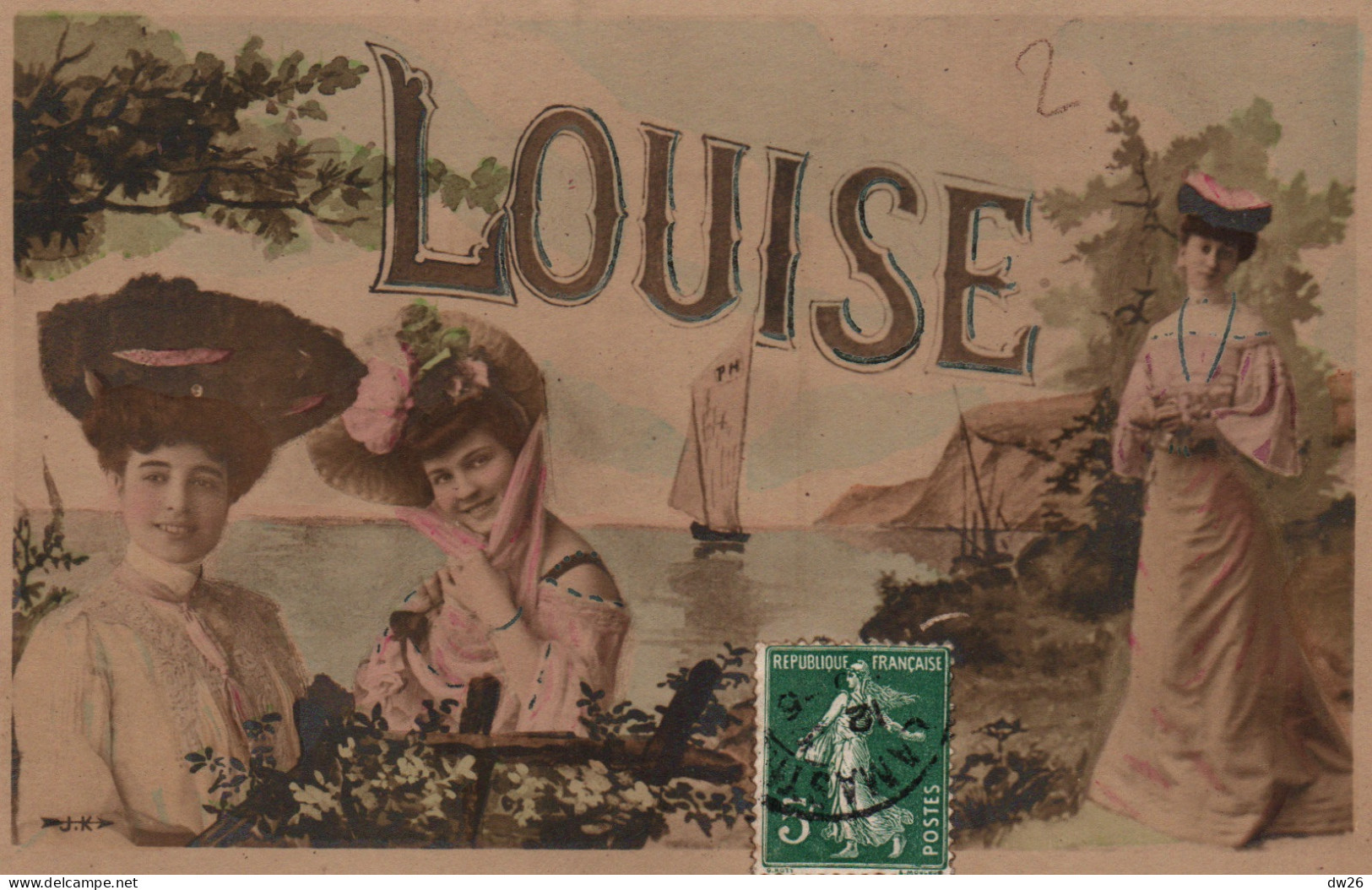 Prénom Louise, Bord De Mer, Voilier - Carte J.K. Colorisée - Nomi