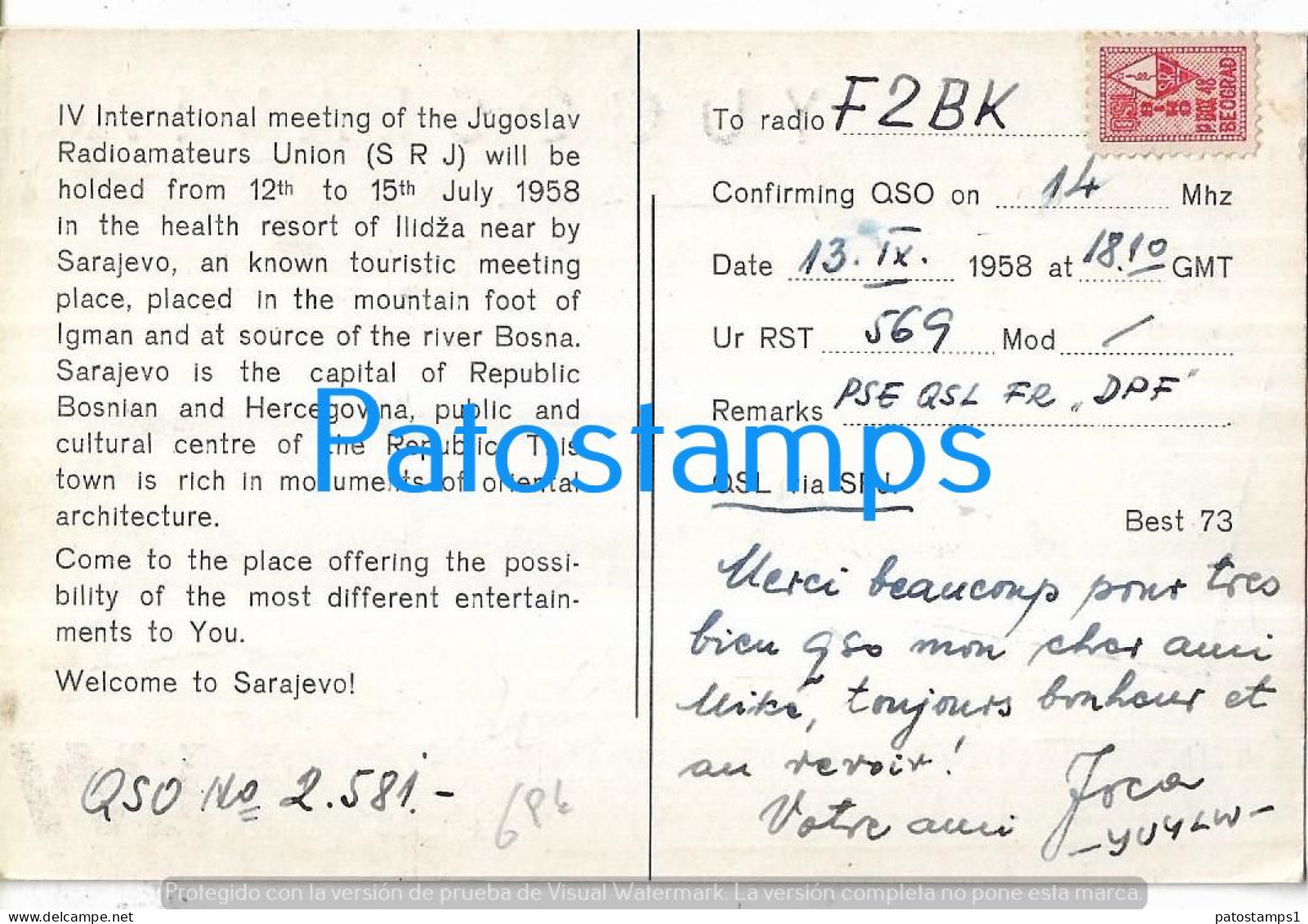 218741 YUGOSLAVIA SARAJEVO Bosnia Y Herzegovina  IV INTERNATIONAL 1958 RADIO QSO F2BK POSTAL POSTCARD - Yougoslavie