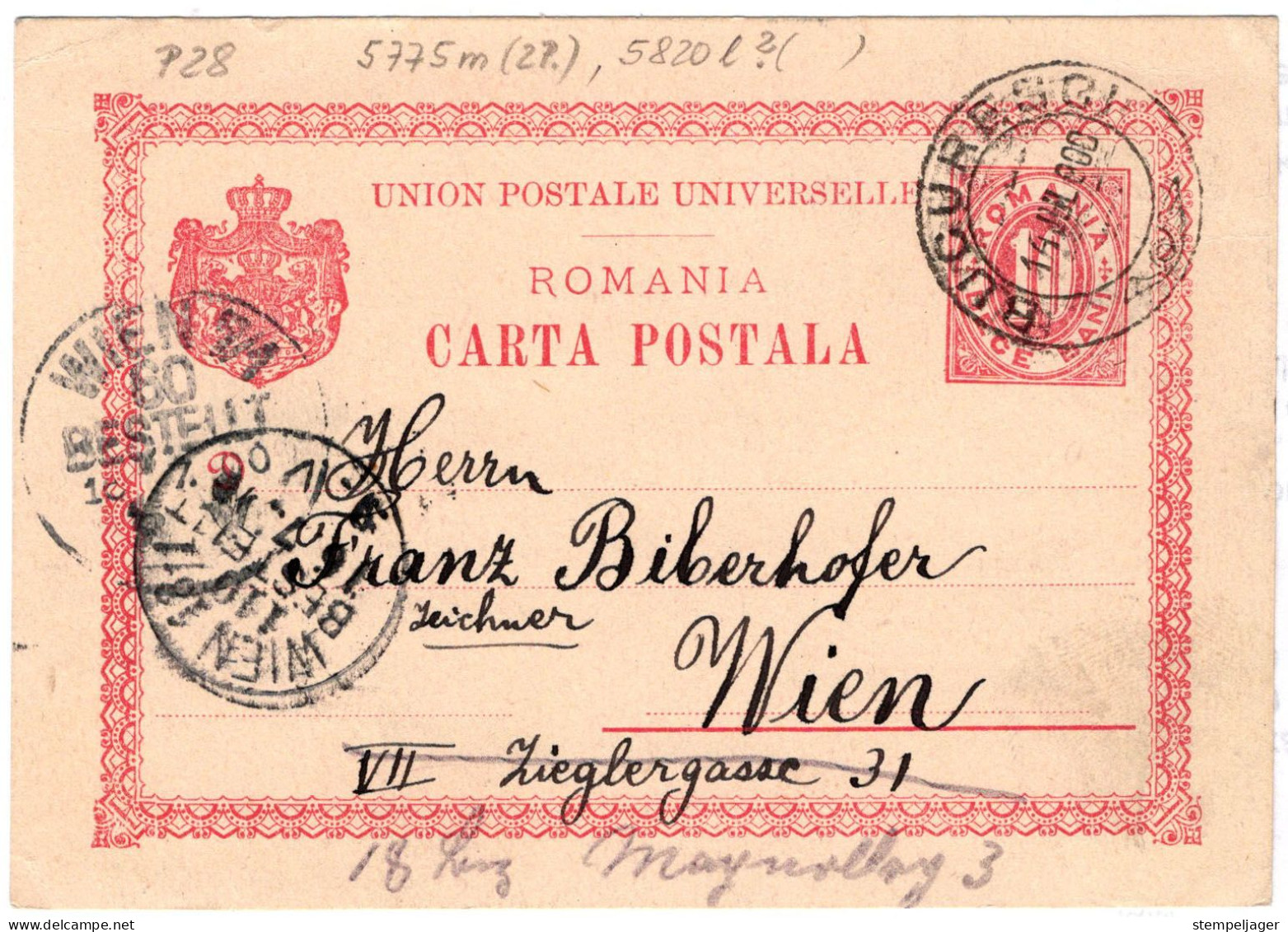 1900 Wien BESTELLT Zweimal 110 18/1 Und 80 7/1 (Simmering II ) Auf Karte Rumänien P28 Stpl Bucuresci - Cartas & Documentos